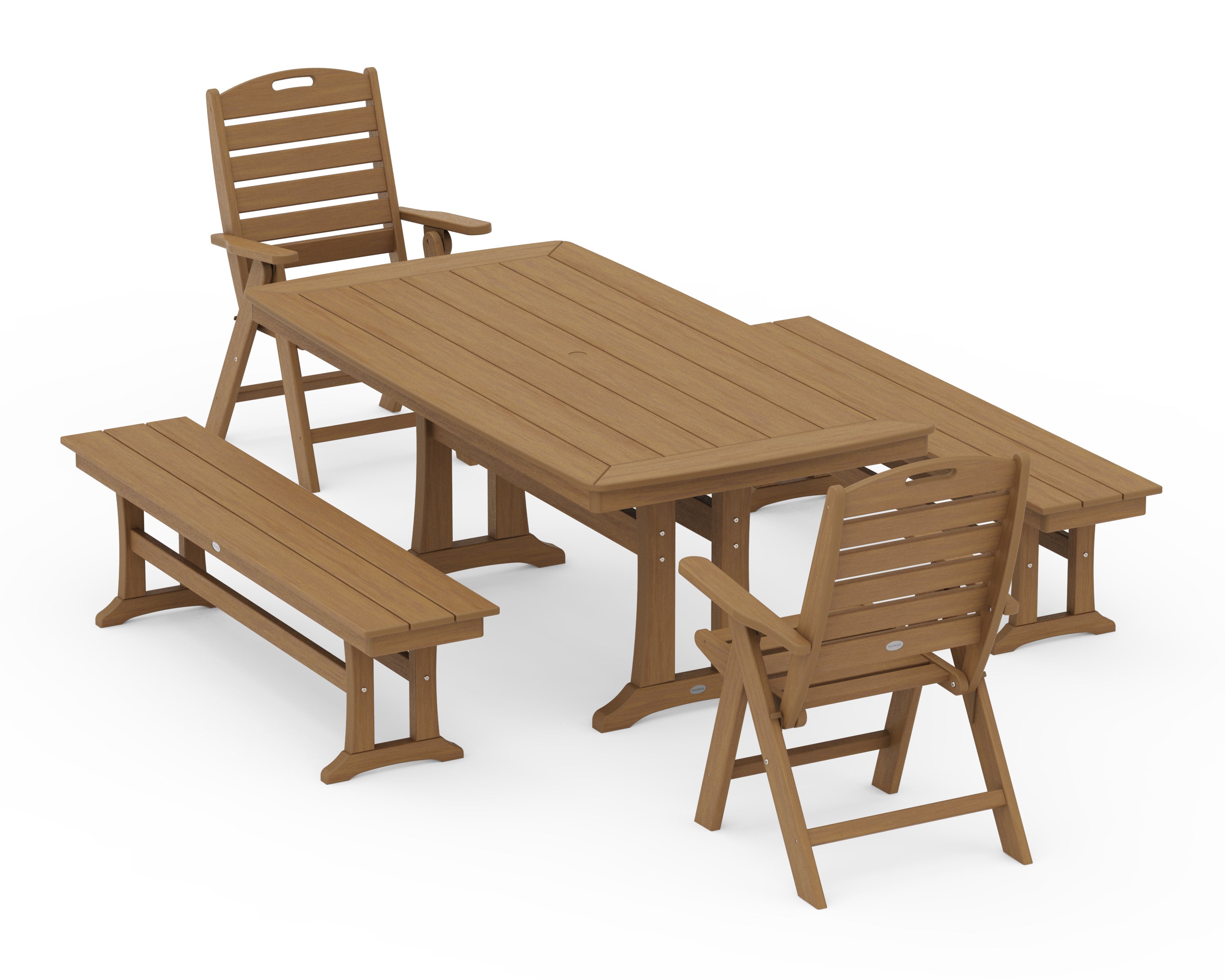 POLYWOOD Nautical Folding Highback Chair 5-Piece Dining Set with Trestle Legs and Benches in Natural