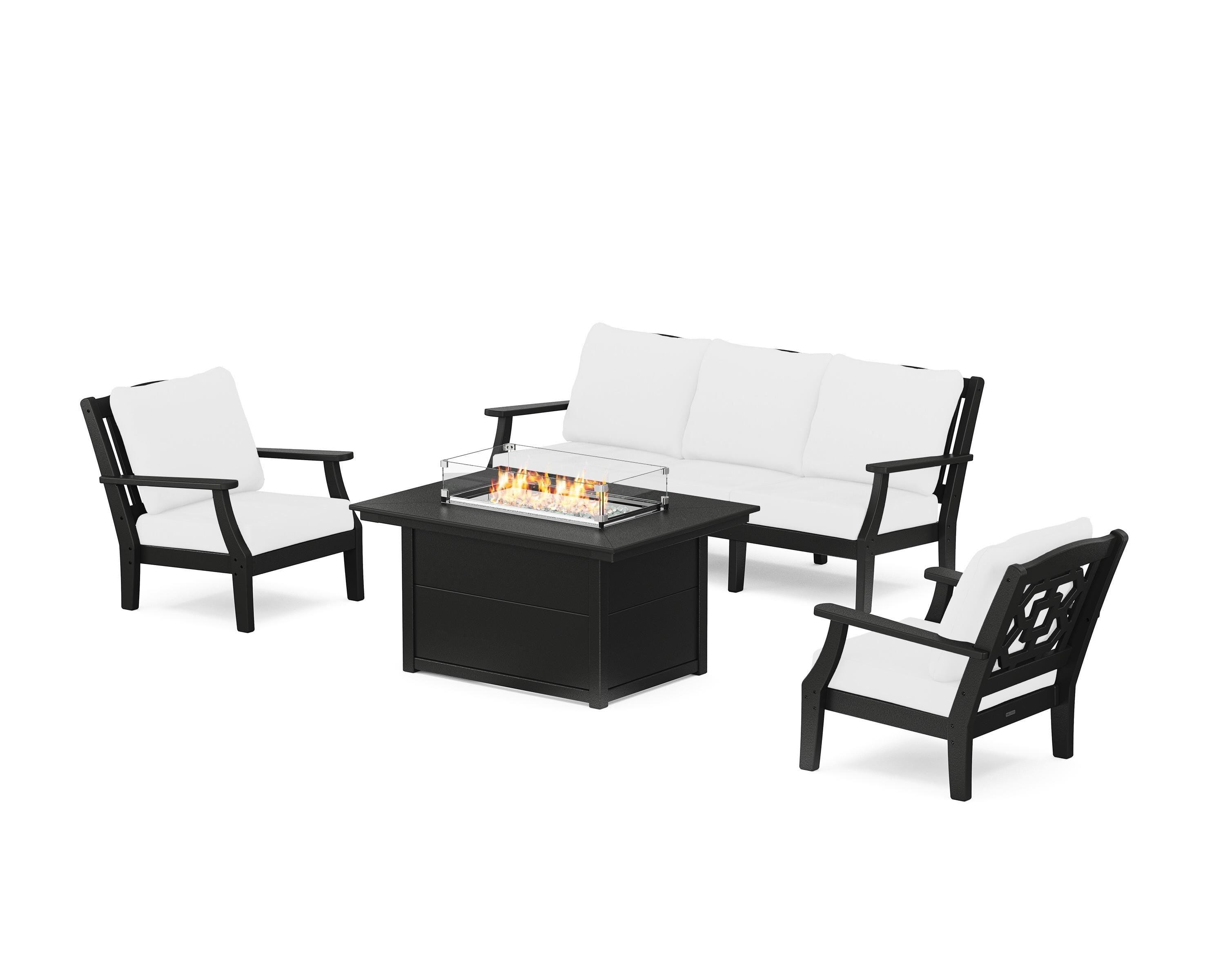 Martha Stewart by POLYWOOD Chinoiserie Deep Seating Fire Pit Table Set in Black / Natural