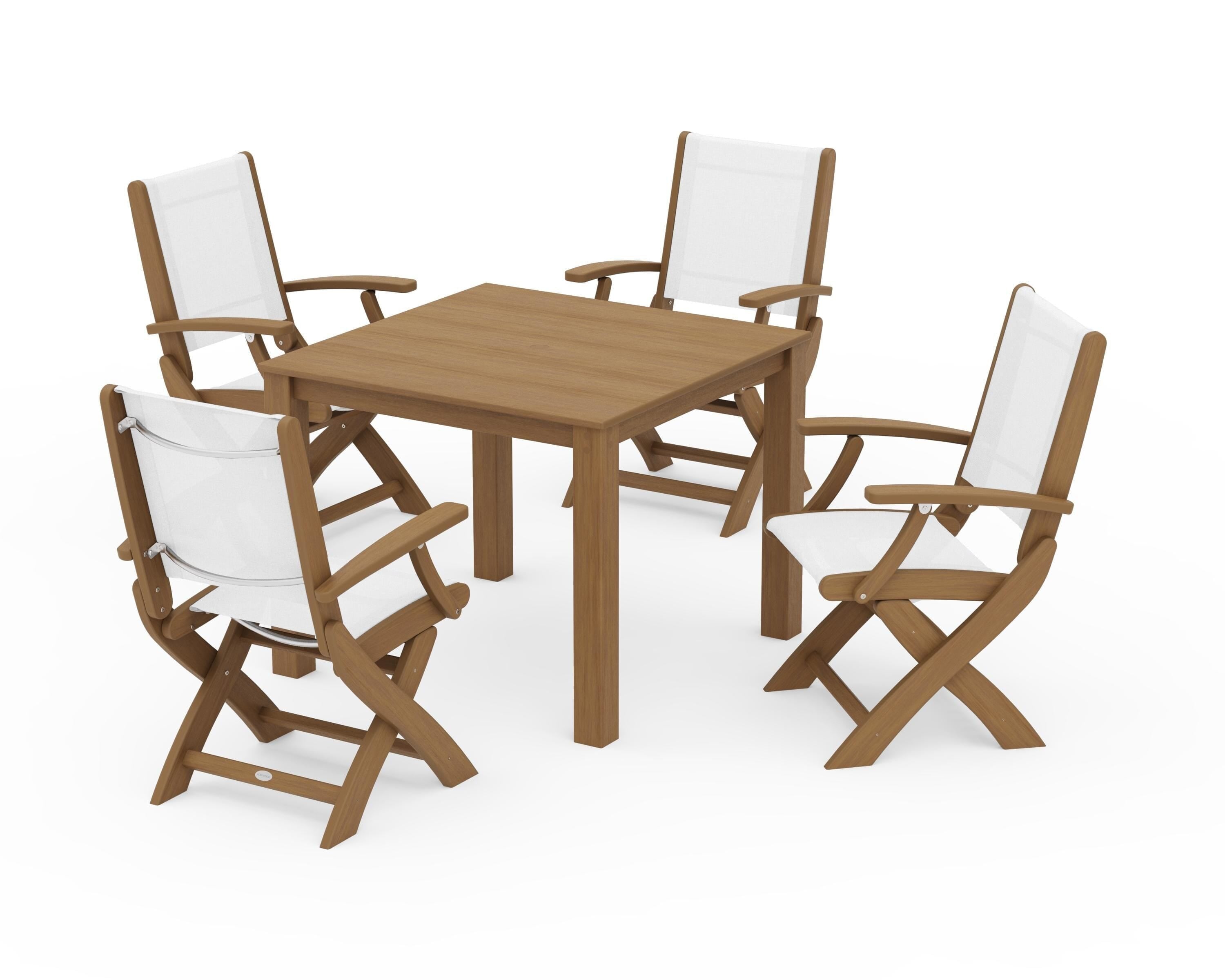 POLYWOOD Coastal Folding Chair 5-Piece Parsons Dining Set in Natural / White Sling