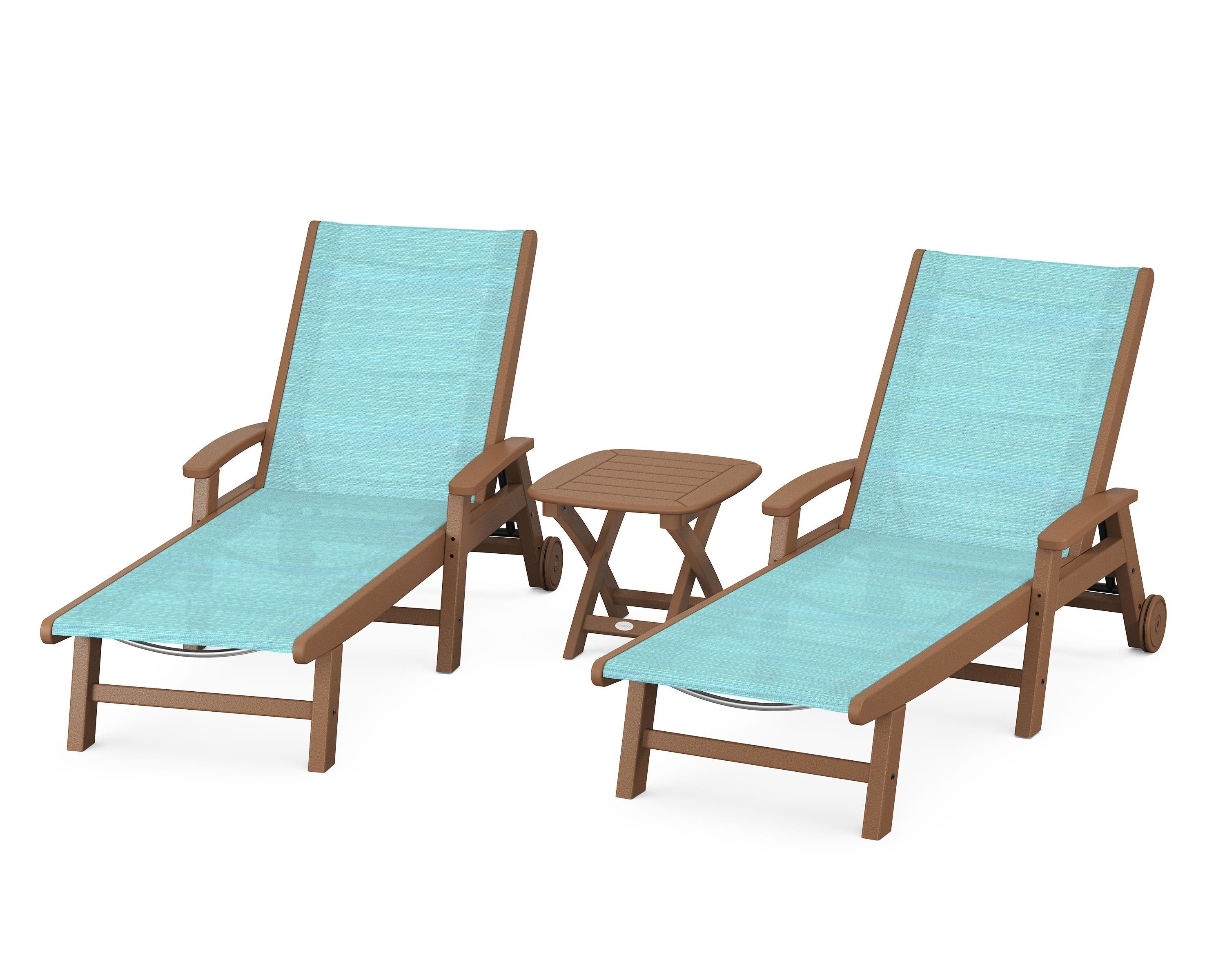 POLYWOOD Coastal 3-Piece Wheeled Chaise Set in Teak / Dupioni Aquamarine Sling