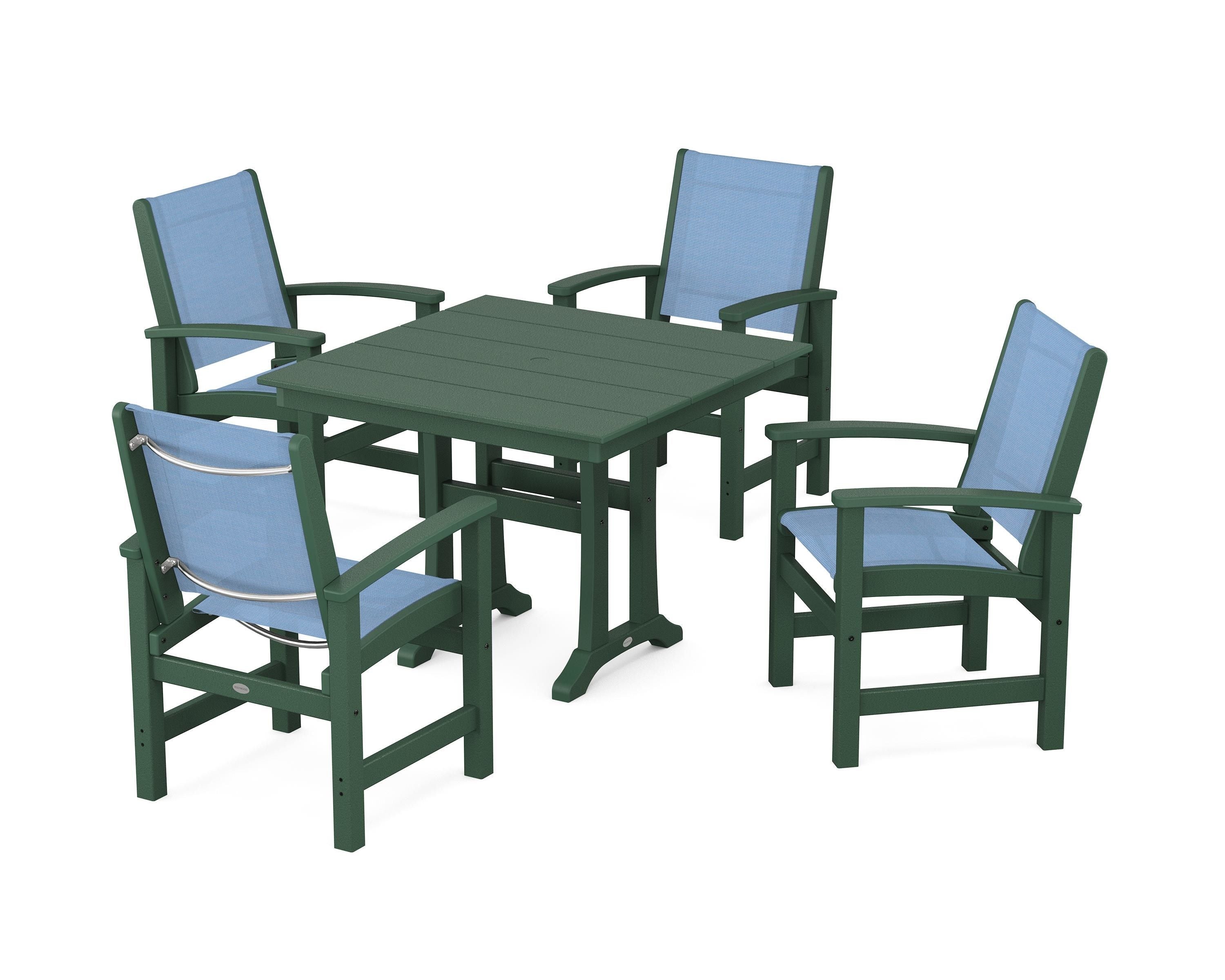 POLYWOOD Coastal 5-Piece Farmhouse Dining Set With Trestle Legs in Green / Poolside Sling