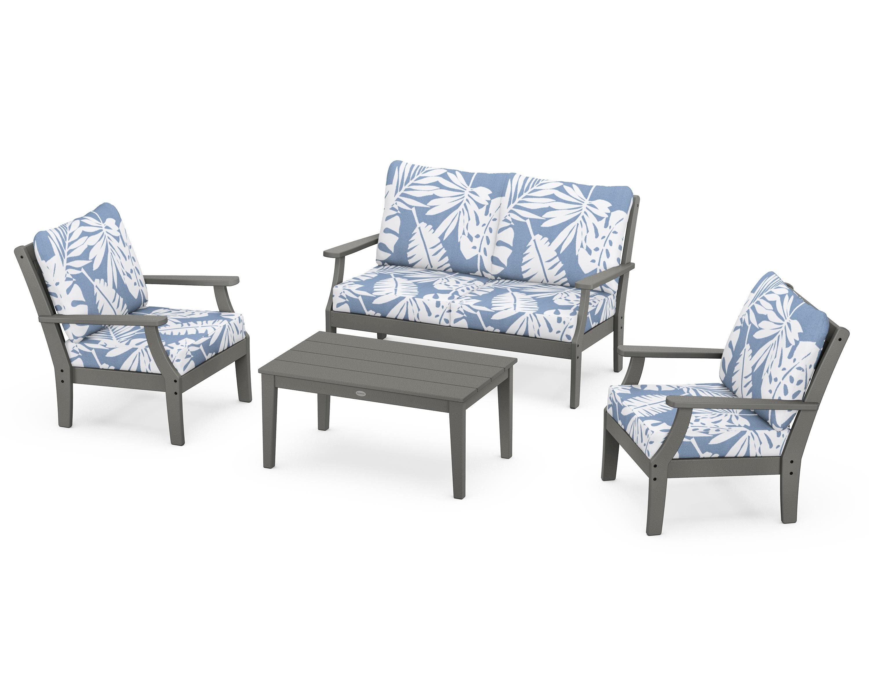 POLYWOOD Braxton 4-Piece Deep Seating Chair Set in Slate Grey / Leaf Sky Blue