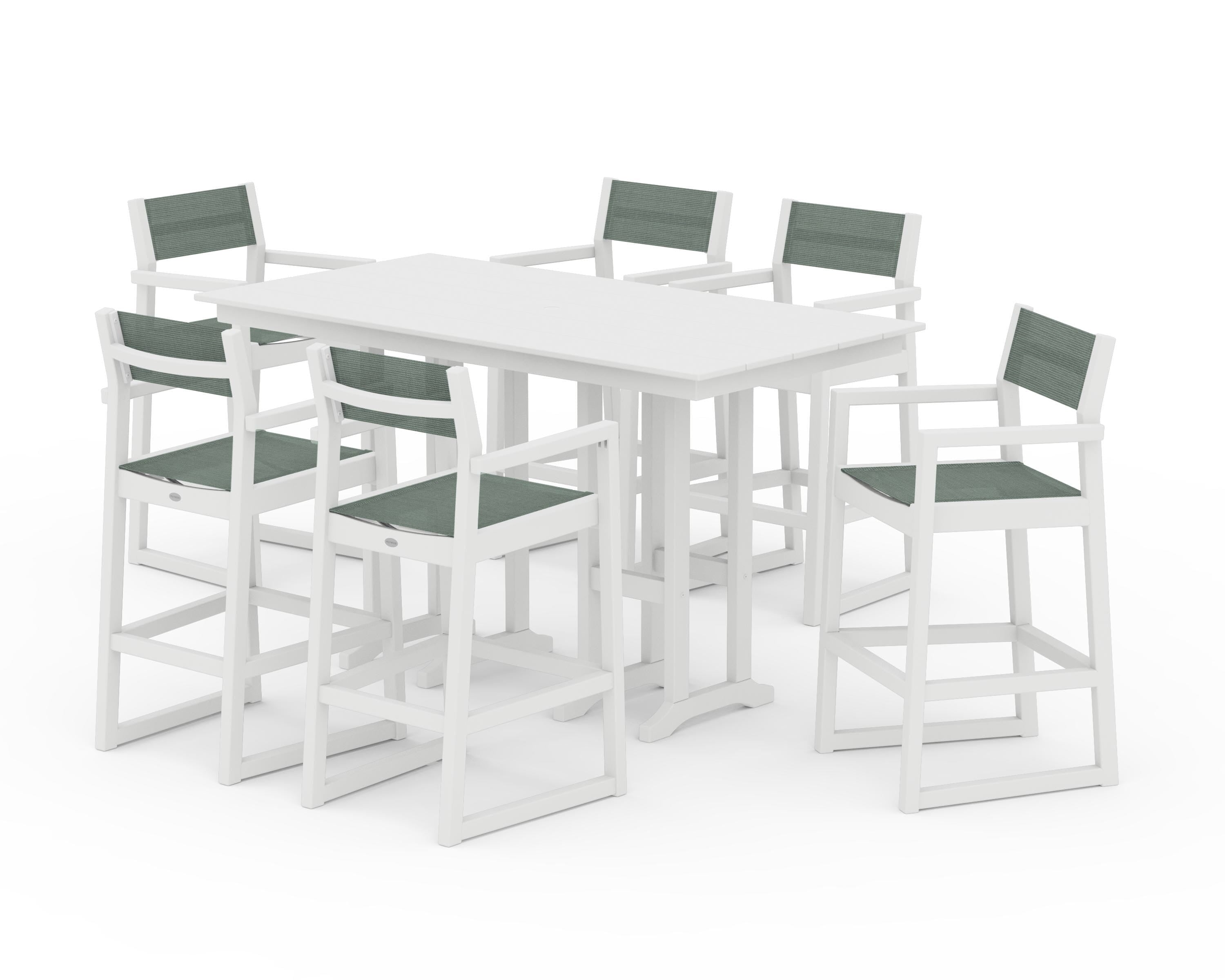 POLYWOOD EDGE Sling Arm Chair 7-Piece Farmhouse Bar Set in White / Dupioni Sea Mist Sling