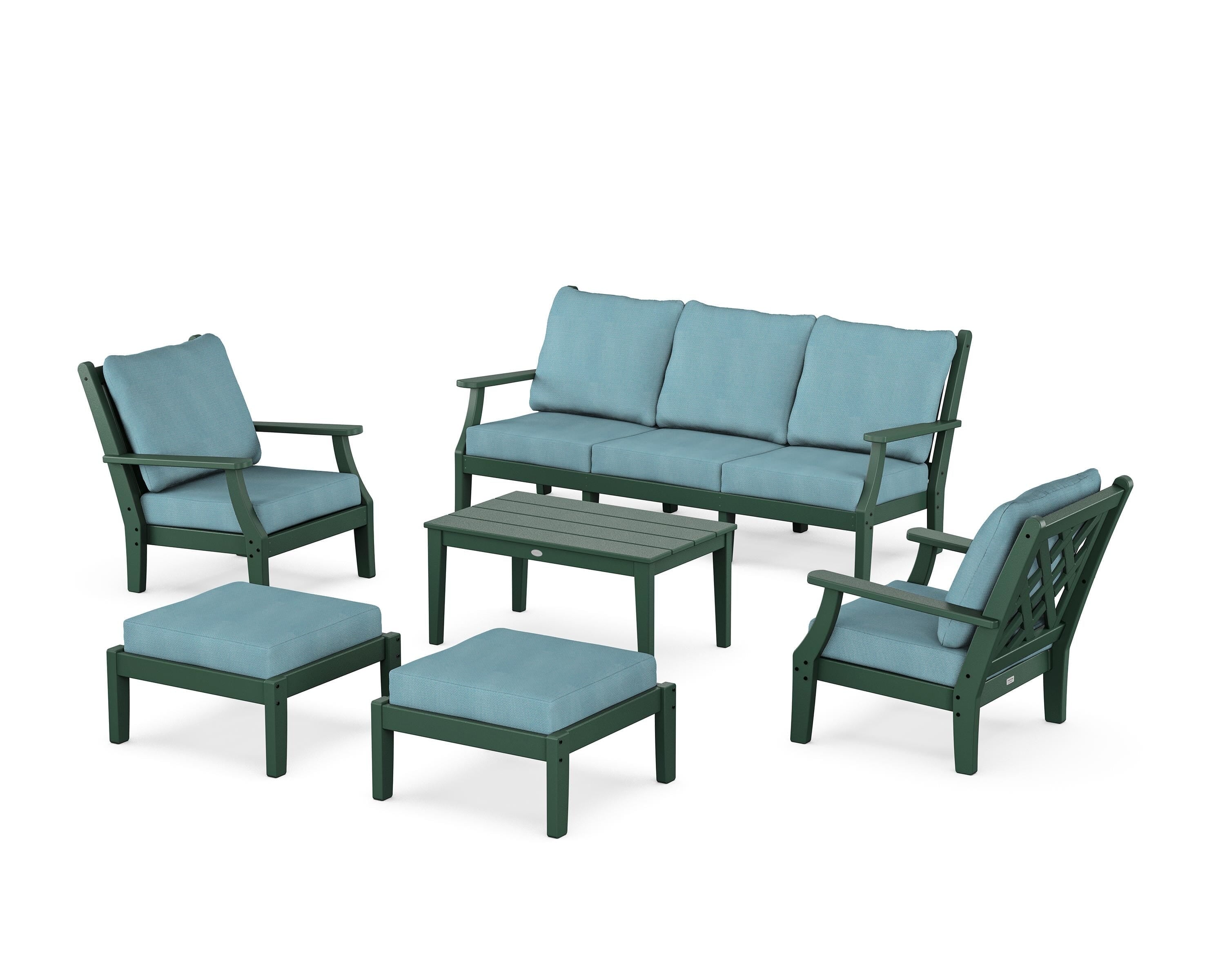 Country Living Wovendale 6-Piece Lounge Sofa Set in Green / Lattice Sky Blue