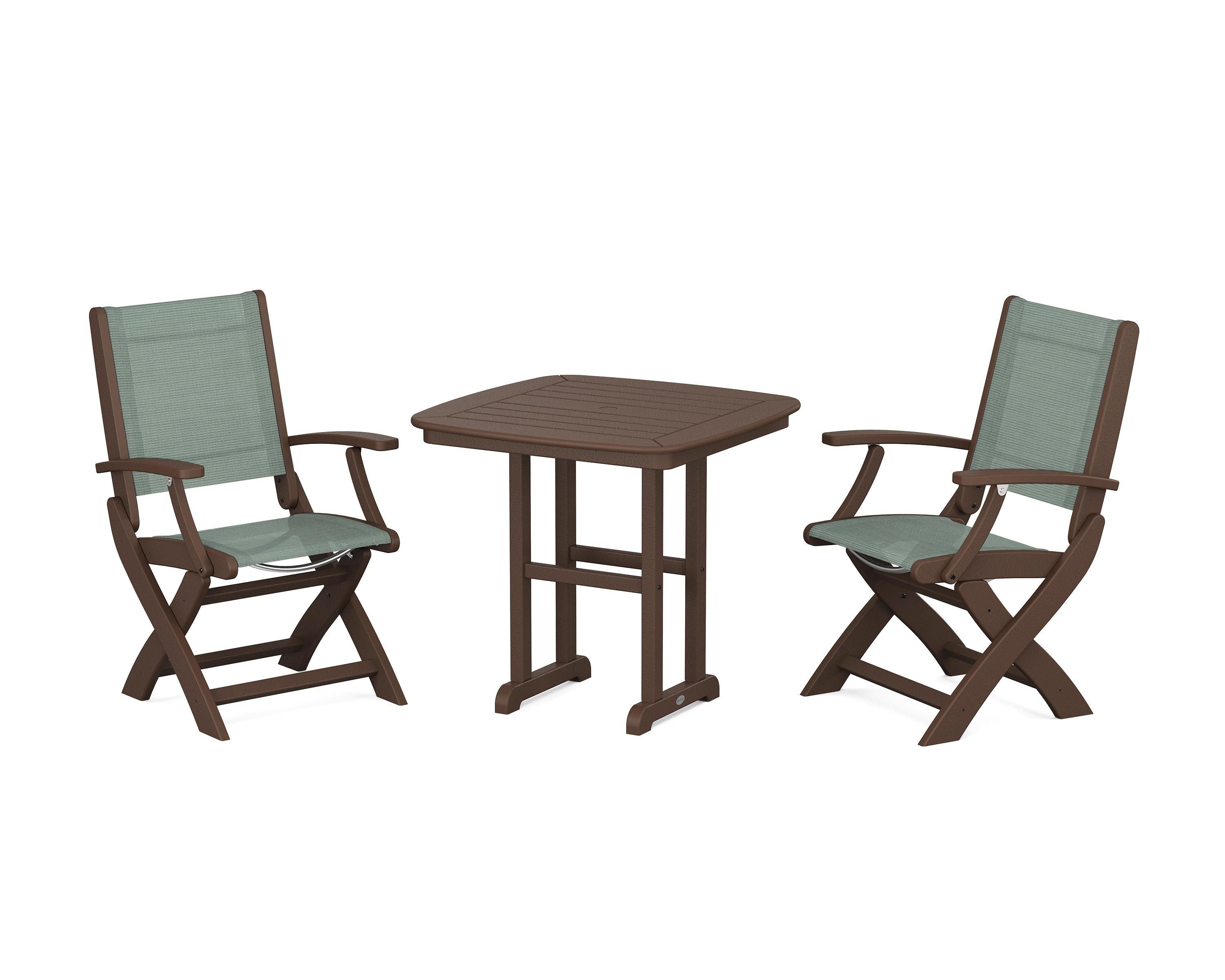 POLYWOOD Coastal Folding Chair 3-Piece Dining Set in Mahogany / Dupioni Sea Mist Sling