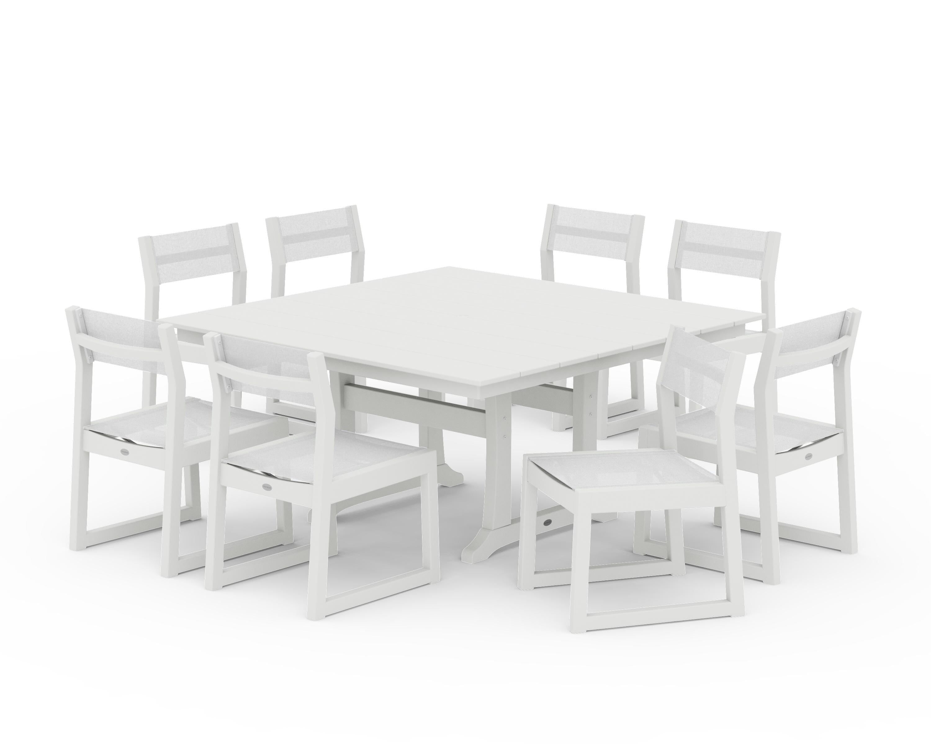 POLYWOOD EDGE Sling Side Chair 9-Piece Farmhouse Trestle Dining Set in Vintage White / White Sling