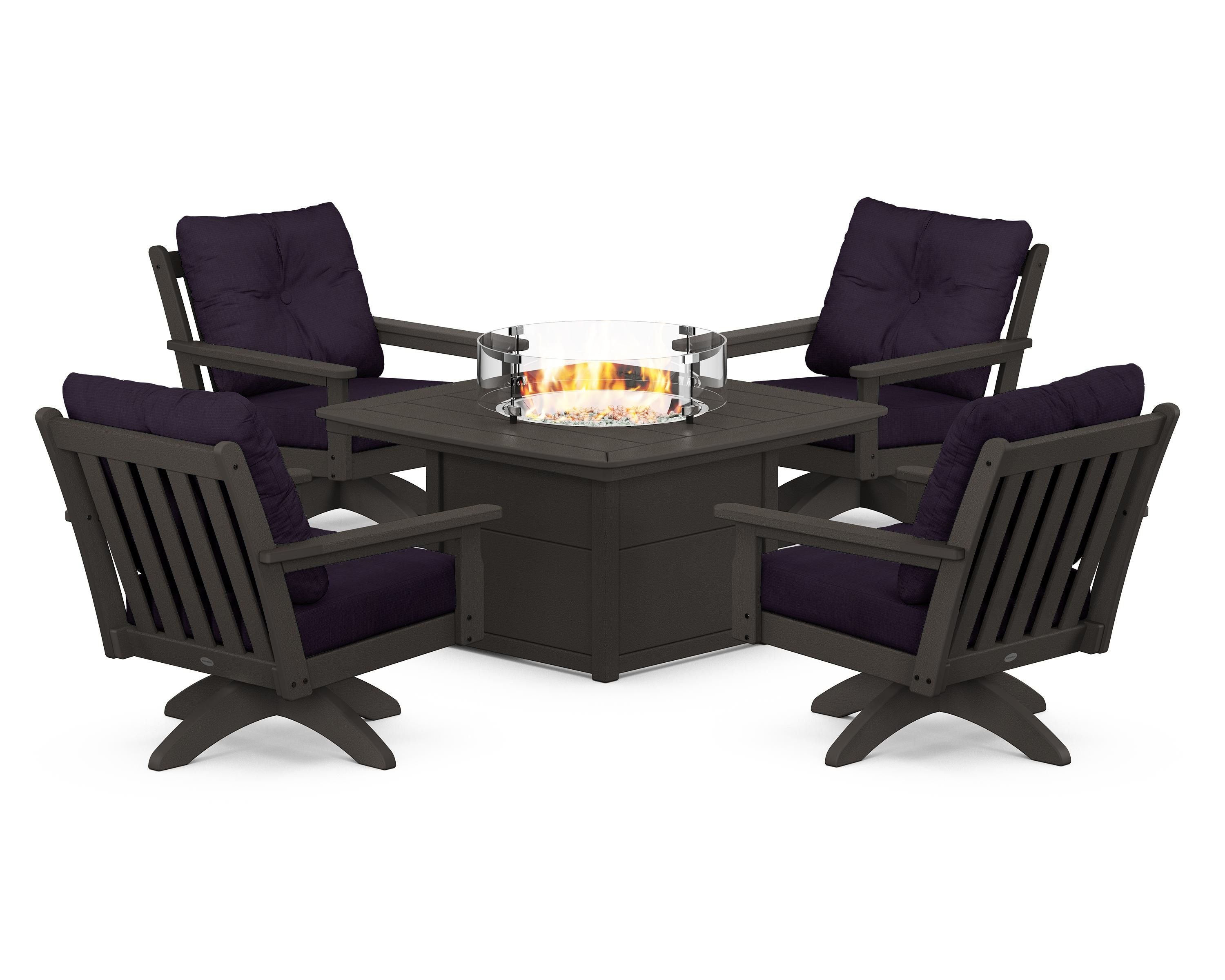 POLYWOOD Vineyard 5-Piece Deep Seating Swivel Conversation Set with Fire Pit Table in Vintage Coffee / Navy Linen