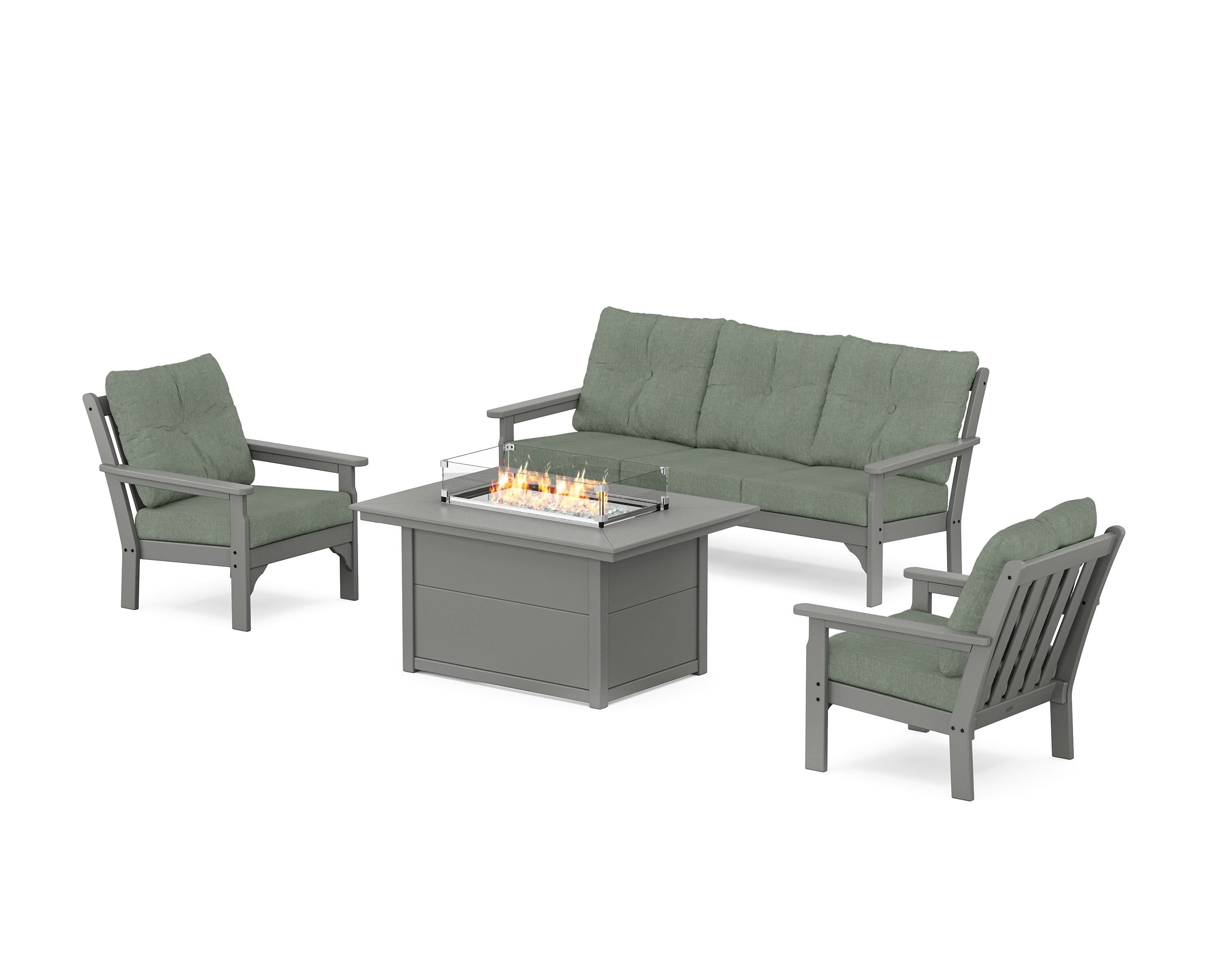 POLYWOOD Vineyard Deep Seating Fire Pit Table Set in Slate Grey / Cast Sage