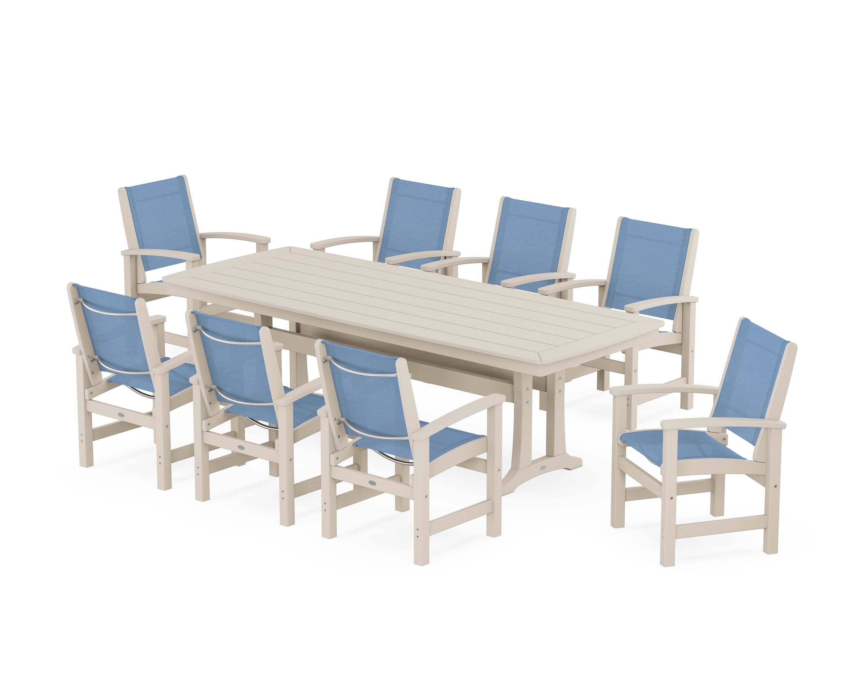 POLYWOOD Coastal 9-Piece Dining Set with Trestle Legs in Sand / Poolside Sling