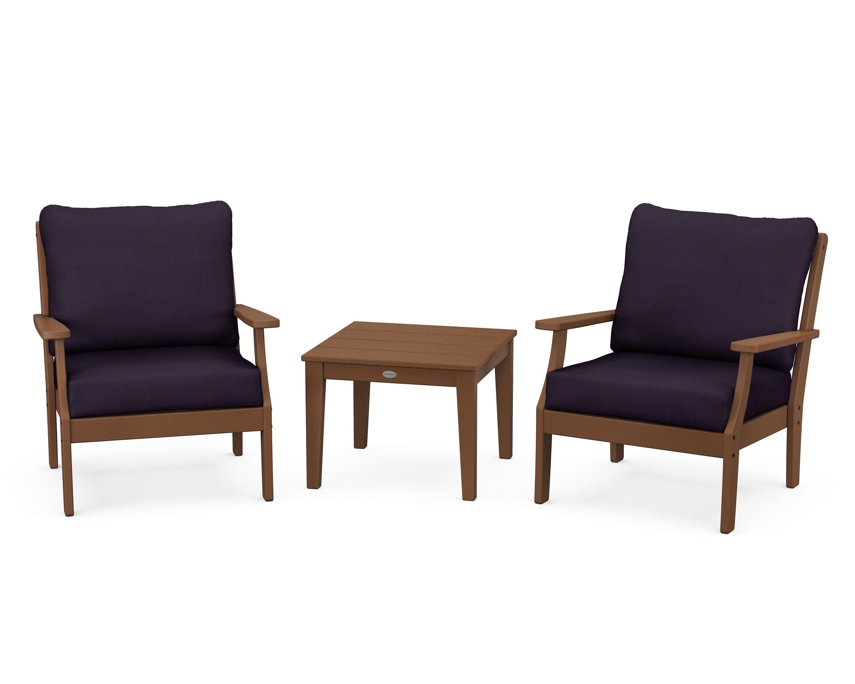POLYWOOD Braxton 3-Piece Deep Seating Set in Teak / Navy Linen
