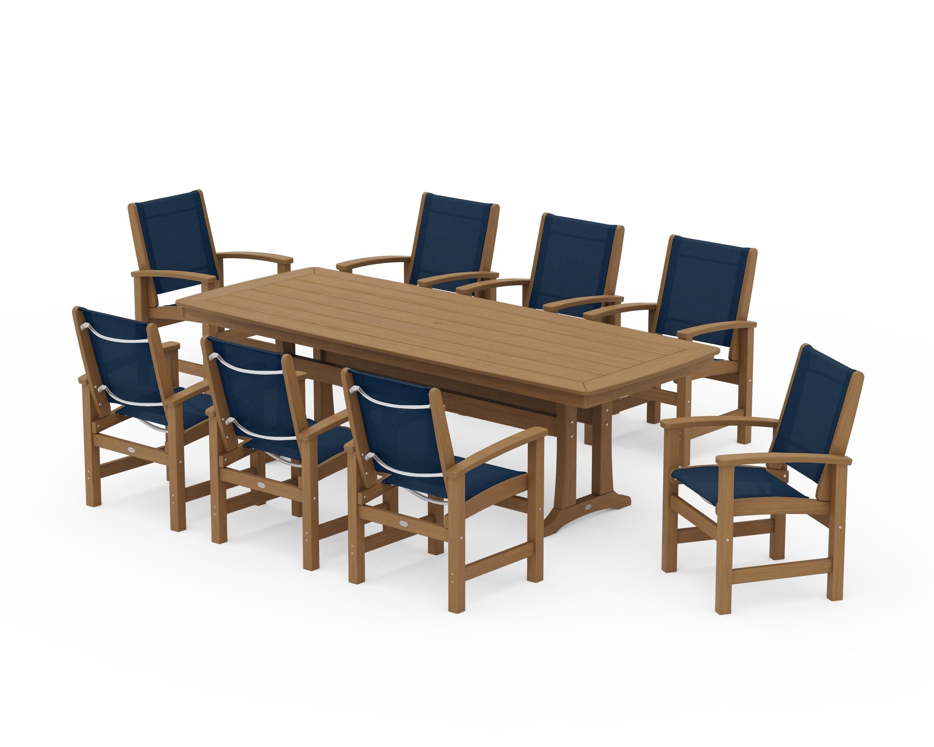 POLYWOOD Coastal 9-Piece Dining Set with Trestle Legs in Natural / Navy Blue Sling
