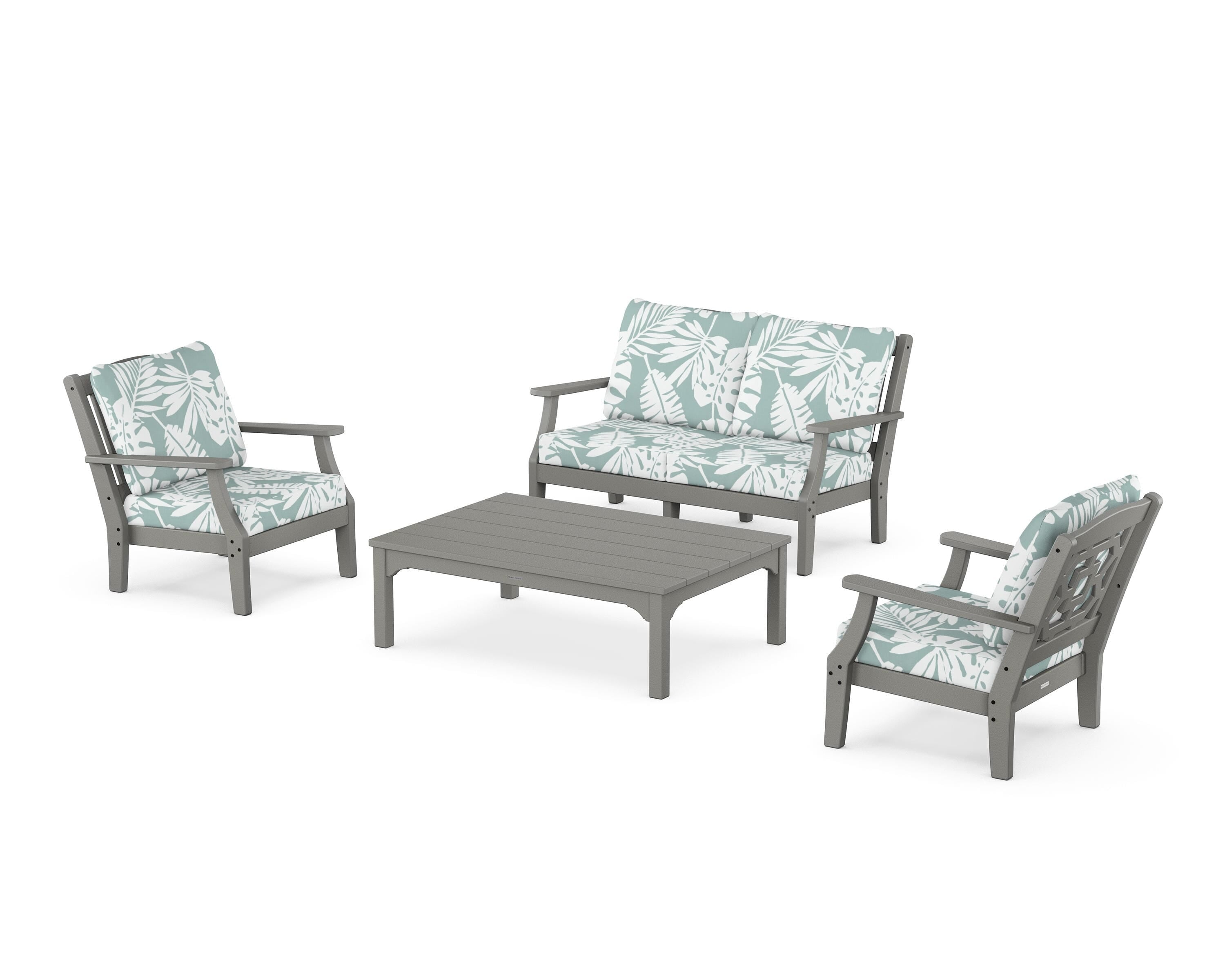 Martha Stewart by POLYWOOD Chinoiserie 4-Piece Deep Seating Set with Loveseat in Slate Grey / Leaf Glacier Spa