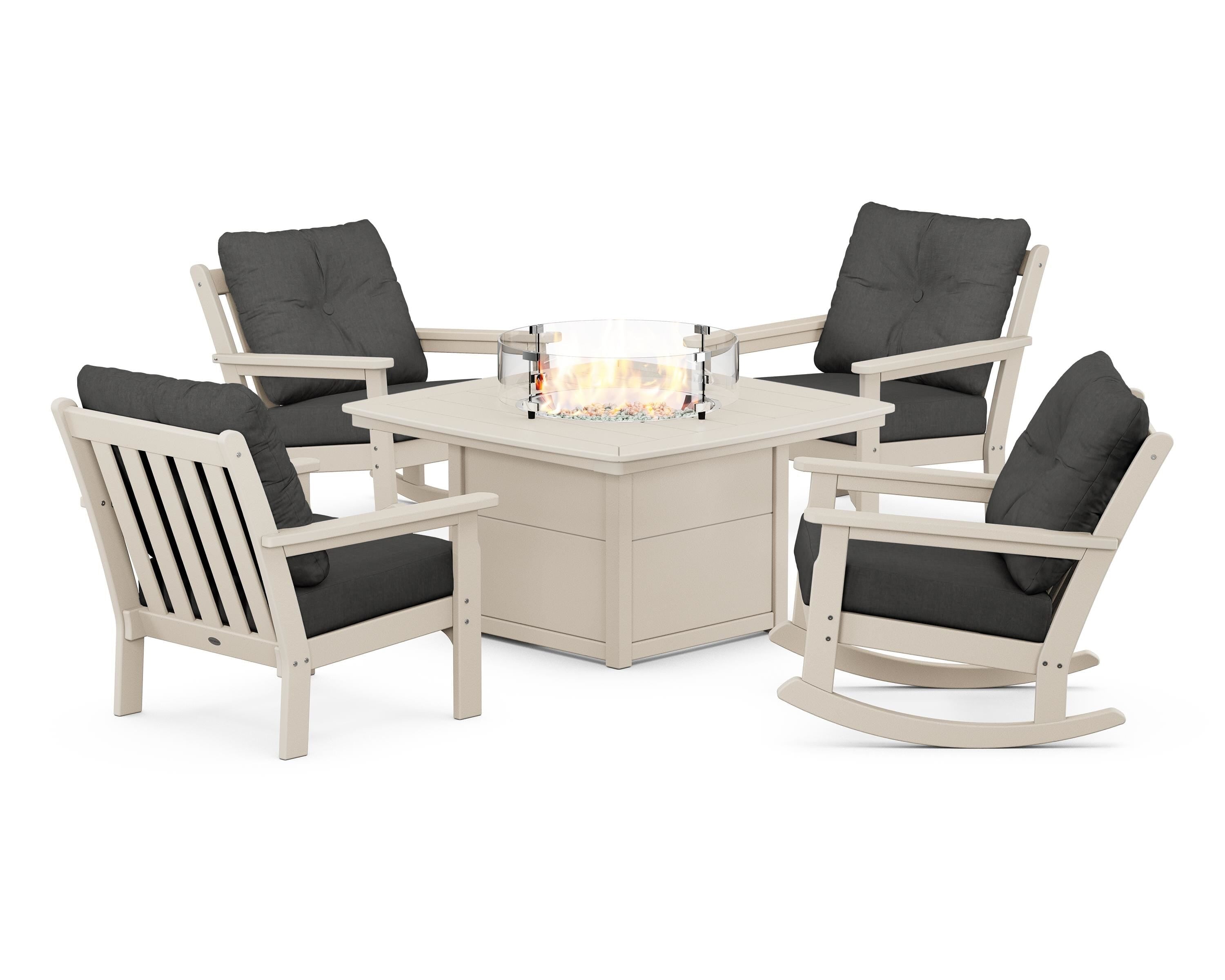 POLYWOOD Vineyard 5-Piece Deep Seating Rocking Chair Conversation Set with Fire Pit Table in Sand / Spectrum Carbon