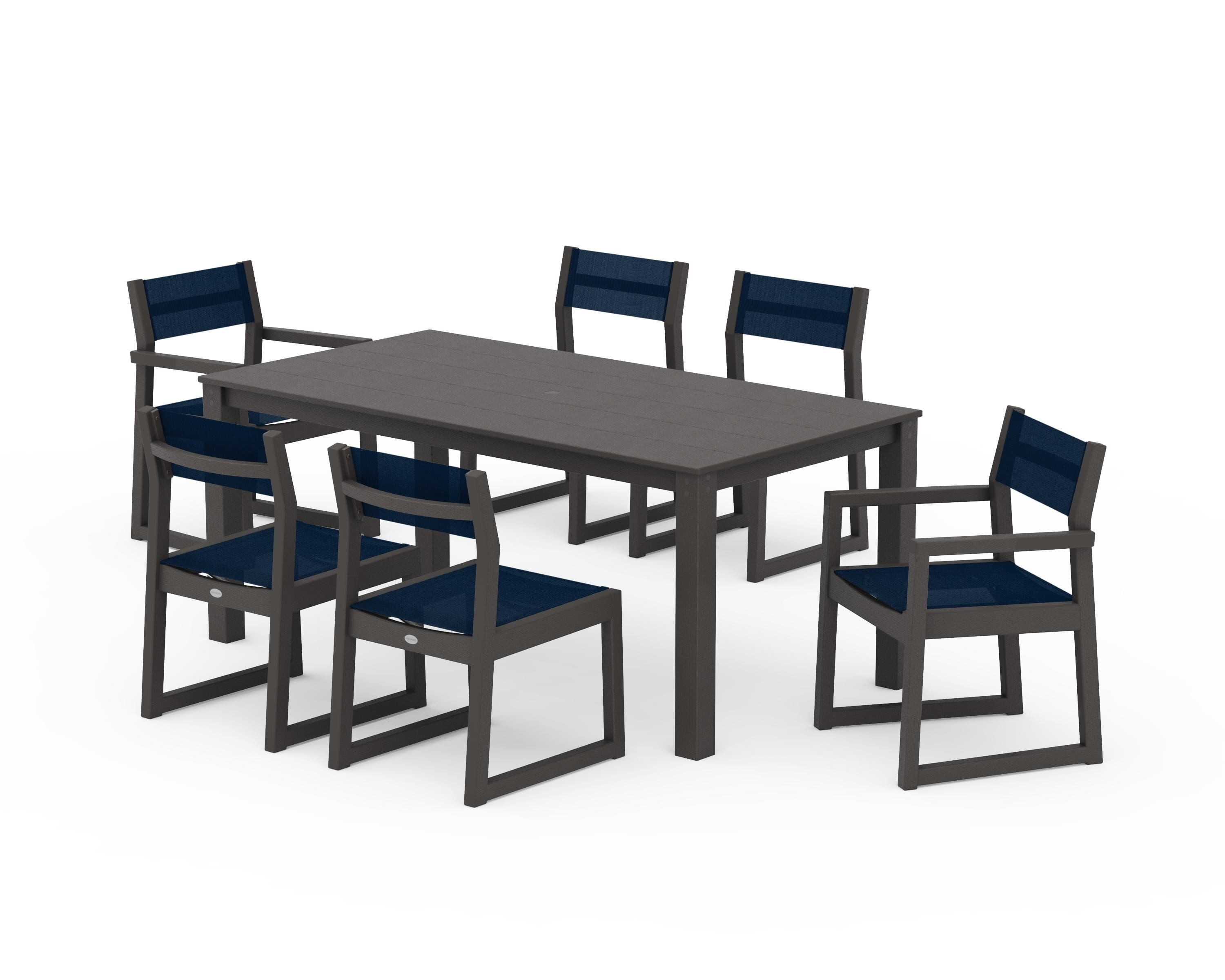 POLYWOOD EDGE Sling 7-Piece Parsons Dining Set in Vintage Coffee / Navy Blue Sling