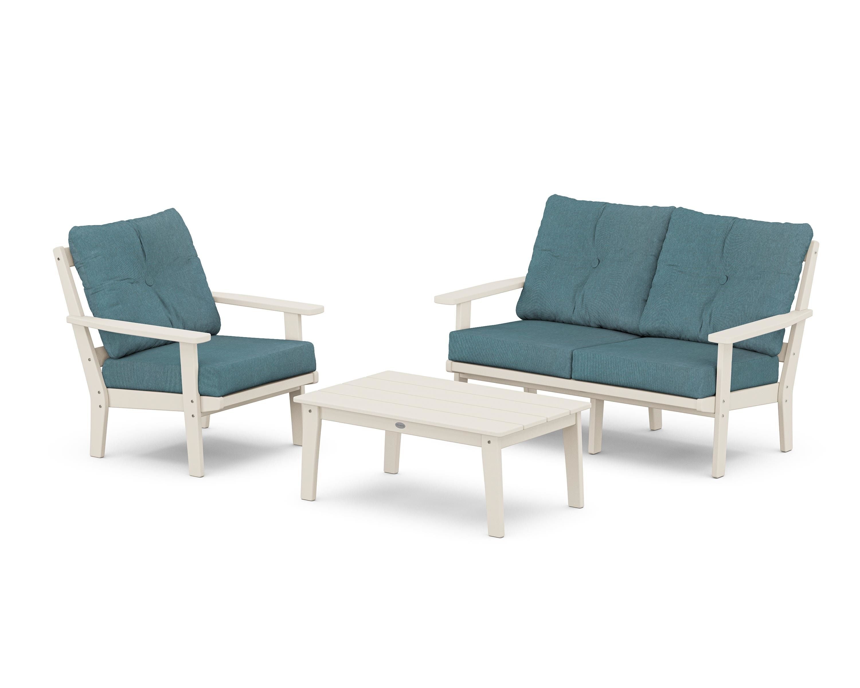 POLYWOOD Oxford 3-Piece Deep Seating Set with Loveseat in Sand / Ocean Teal