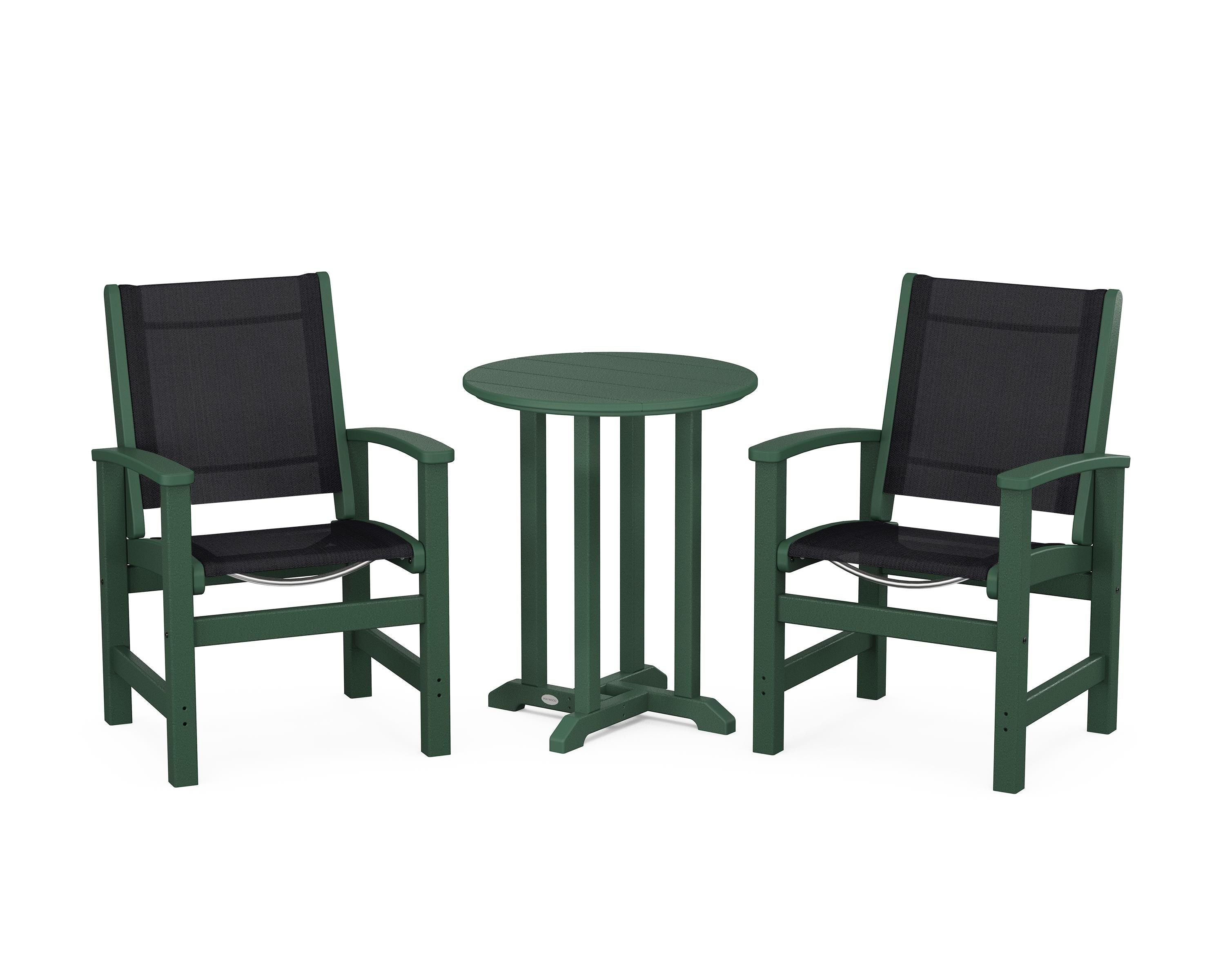 POLYWOOD Coastal 3-Piece Round Bistro Dining Set in Green / Black Sling
