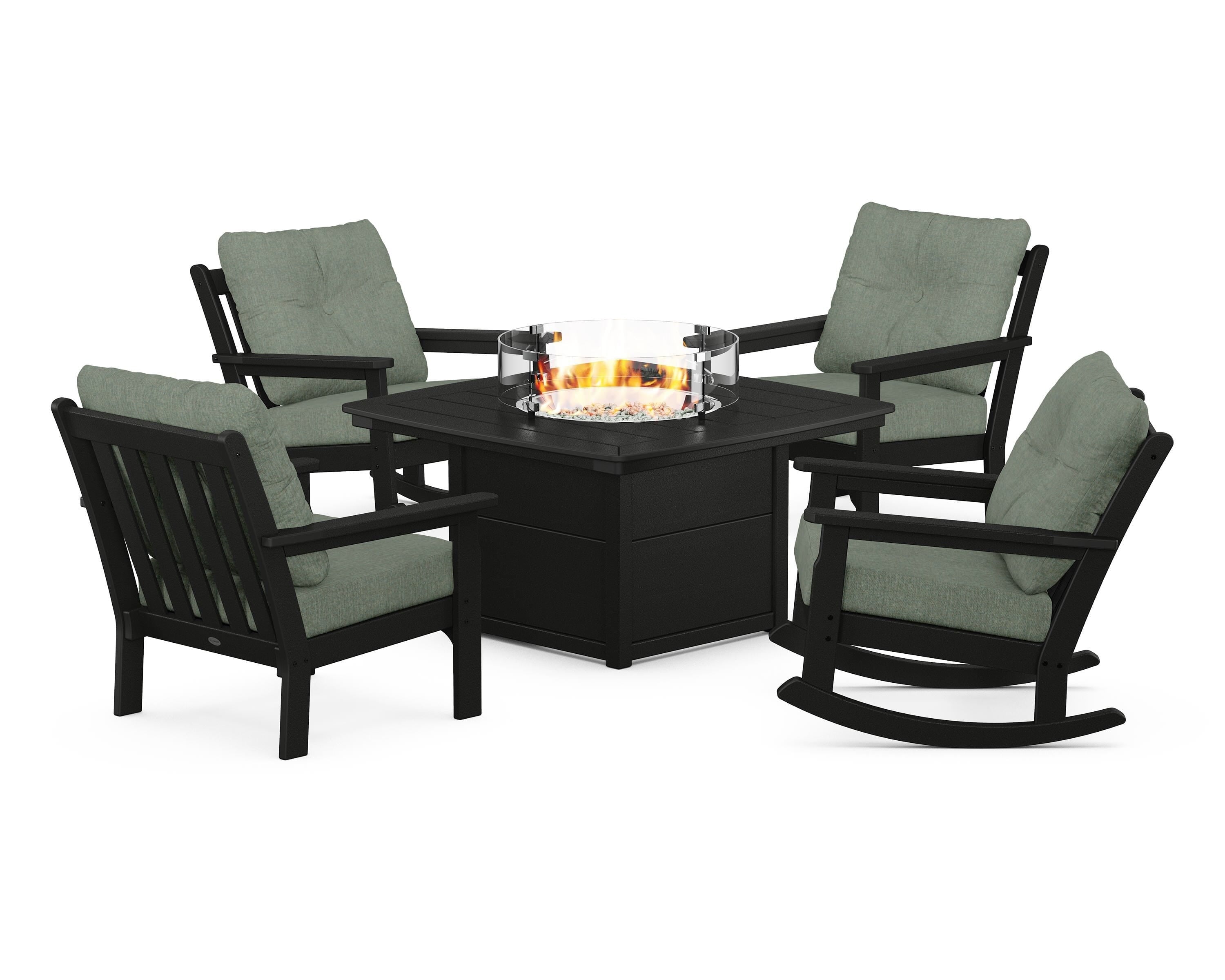 POLYWOOD Vineyard 5-Piece Deep Seating Rocking Chair Conversation Set with Fire Pit Table in Black / Cast Sage