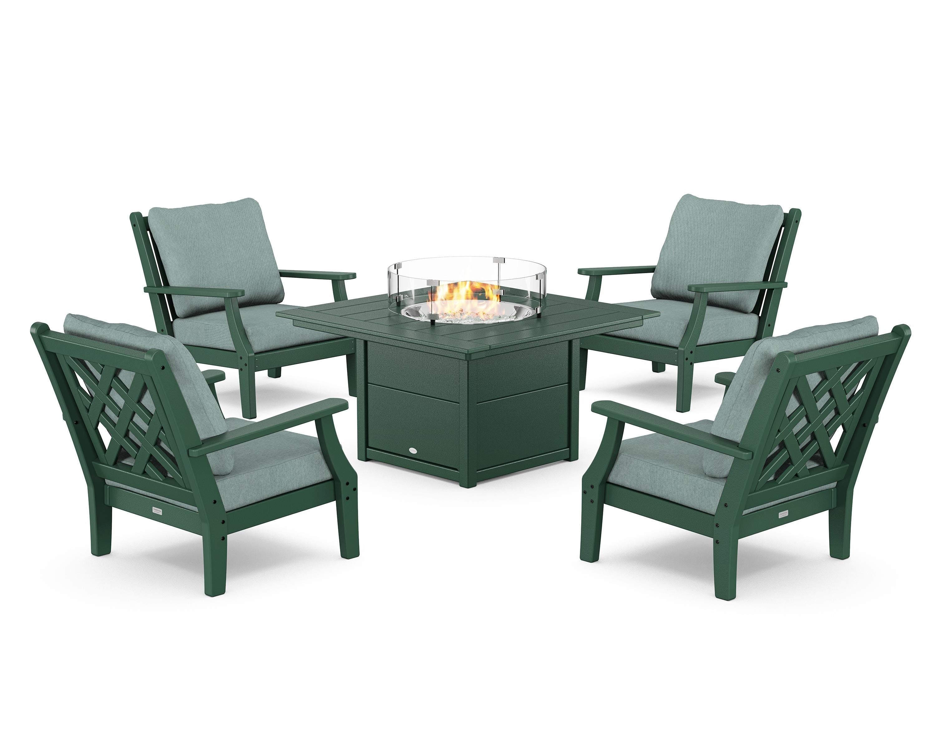Country Living Wovendale 5-Piece Deep Seating Set with Fire Pit Table in Green / Glacier Spa