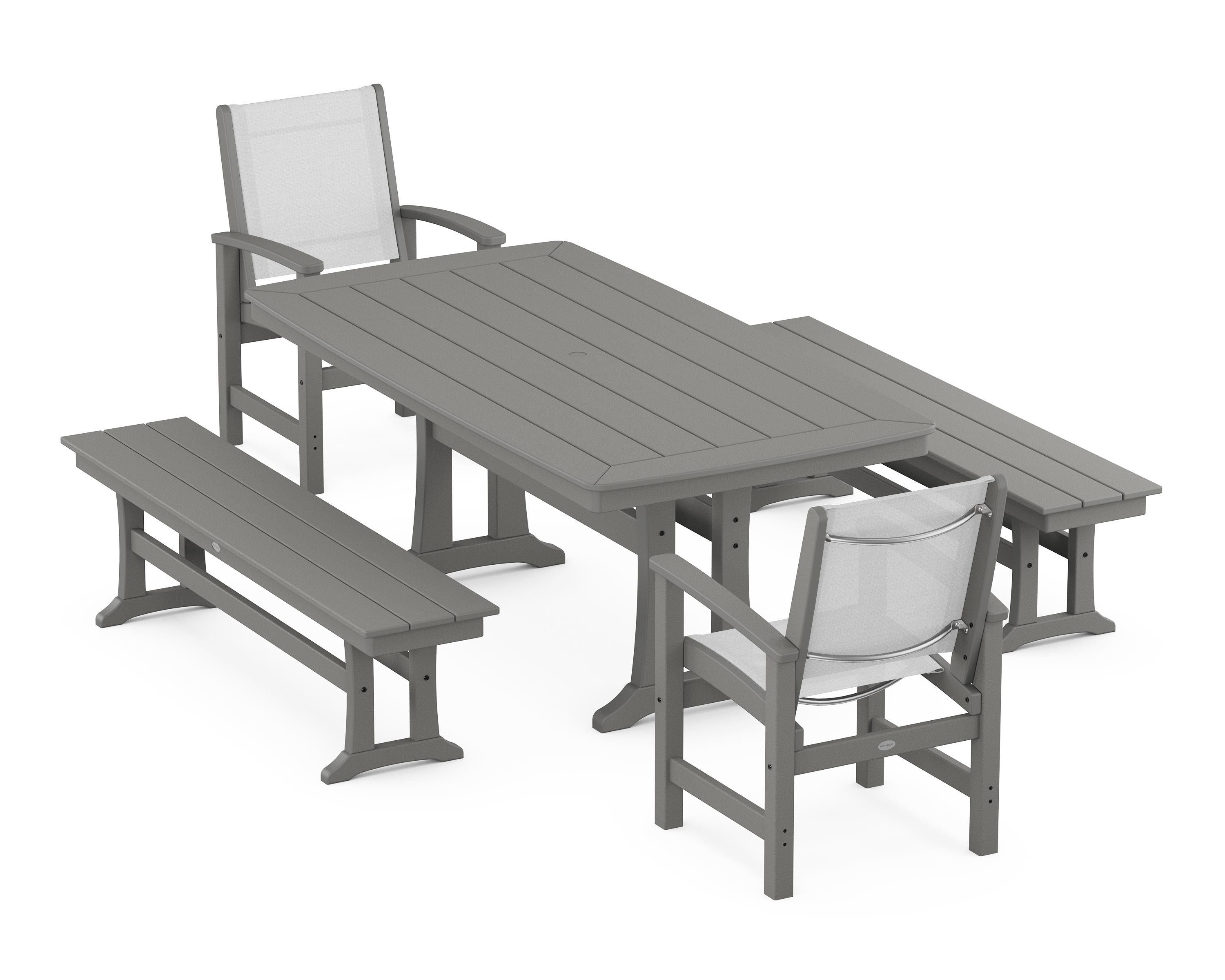 POLYWOOD Coastal 5-Piece Dining Set with Trestle Legs and Benches in Slate Grey / White Sling