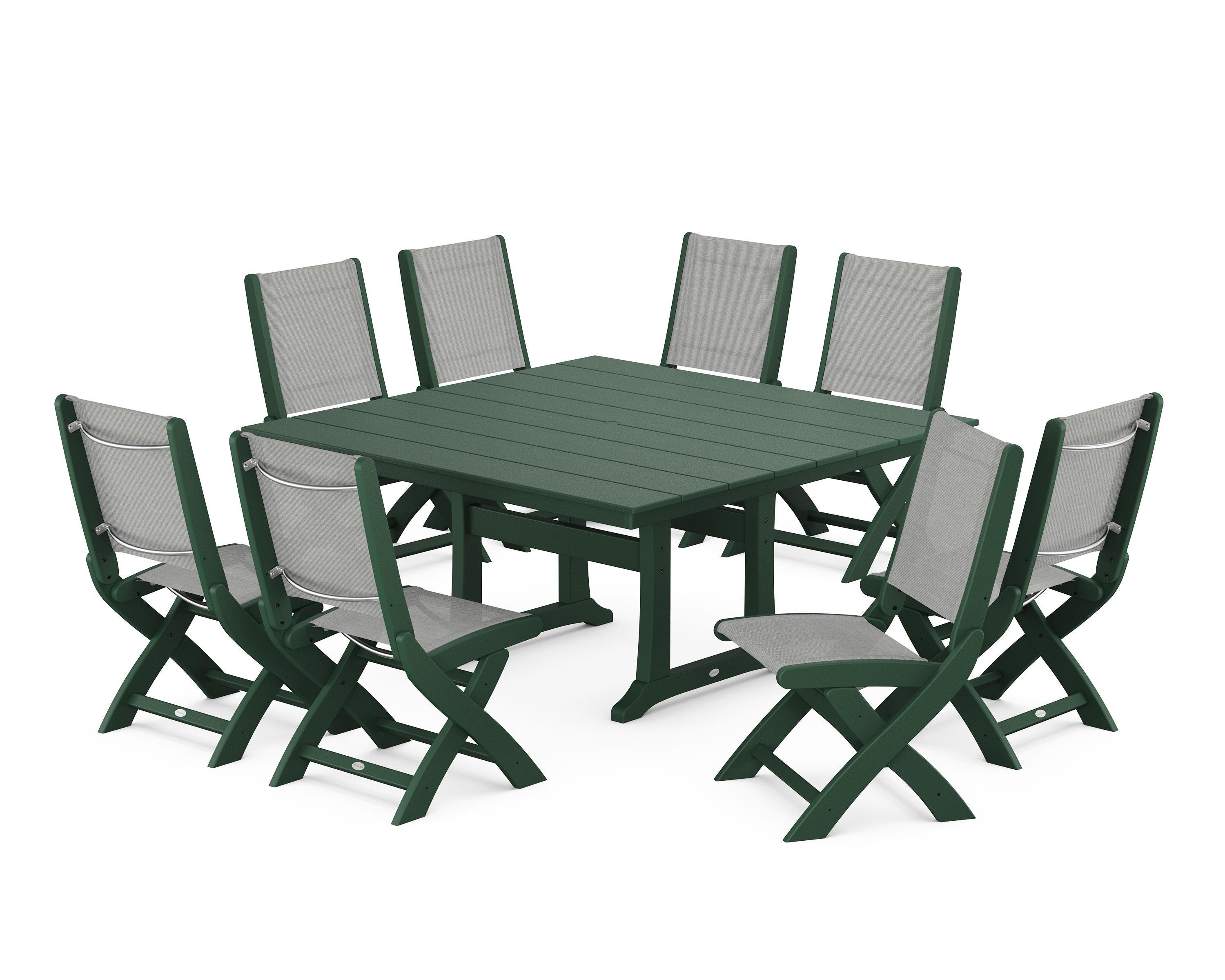 POLYWOOD Coastal Folding Side Chair 9-Piece Farmhouse Dining Set in Green / Metallic Sling