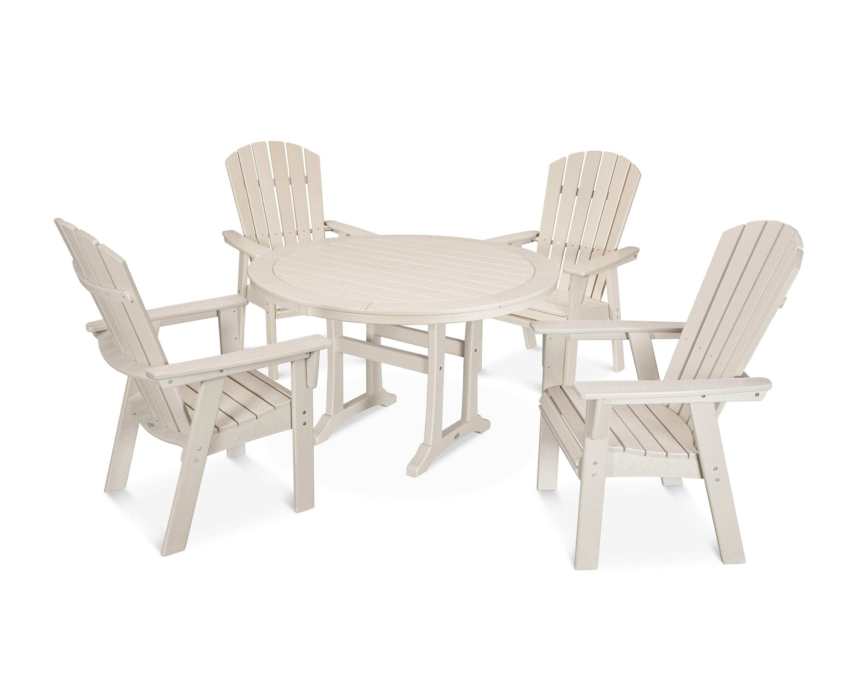 POLYWOOD® Nautical Curveback Adirondack 5-Piece Round Dining Set with Trestle Legs in Sand