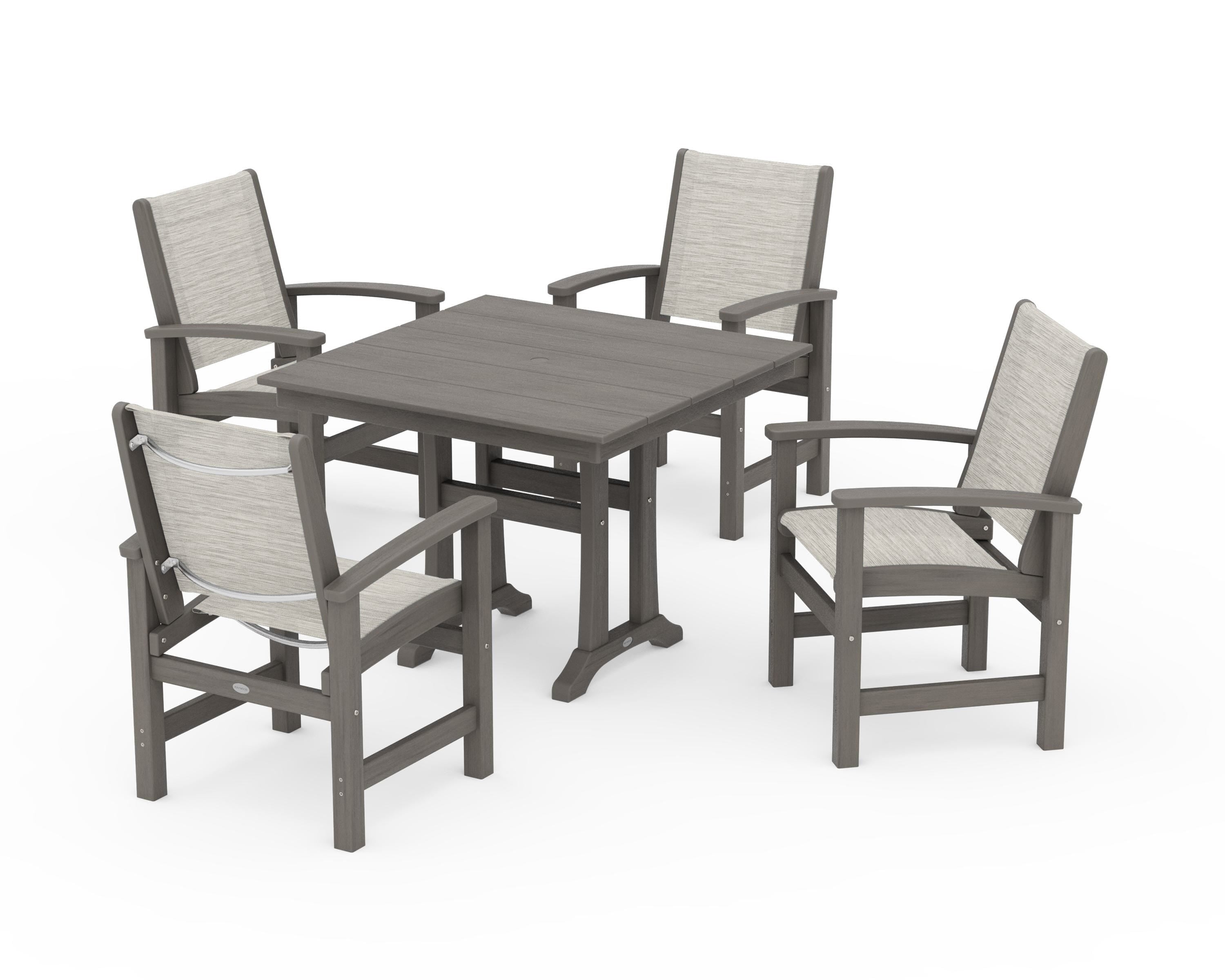 POLYWOOD Coastal 5-Piece Farmhouse Dining Set With Trestle Legs in Driftwood / Birch Sling