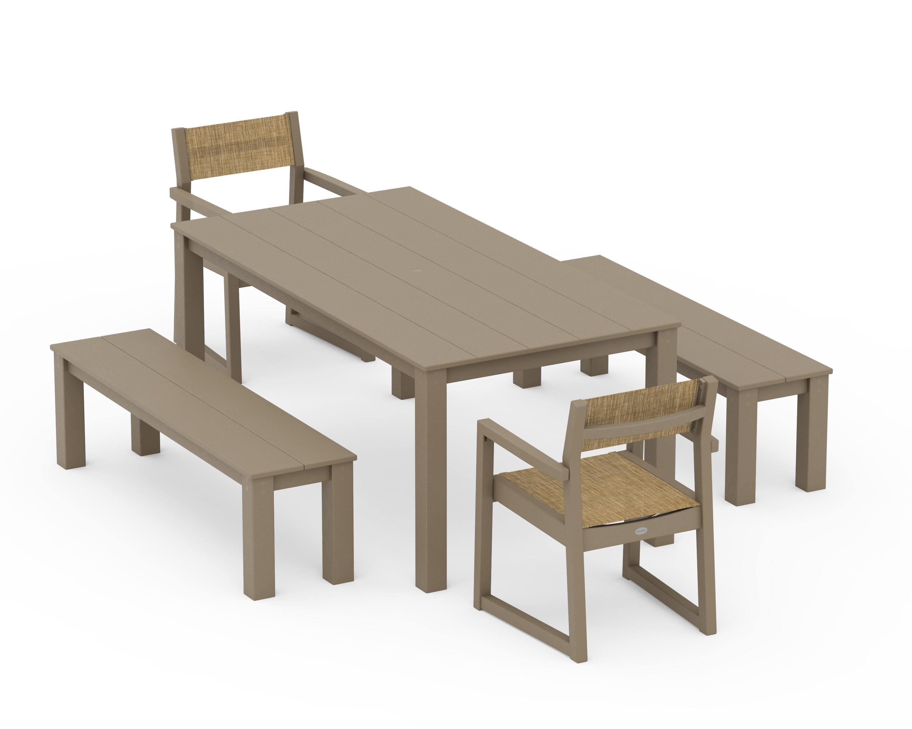 POLYWOOD EDGE Sling Arm Chair 5-Piece Parsons Dining Set with Benches in Vintage Sahara / Burlap Sling