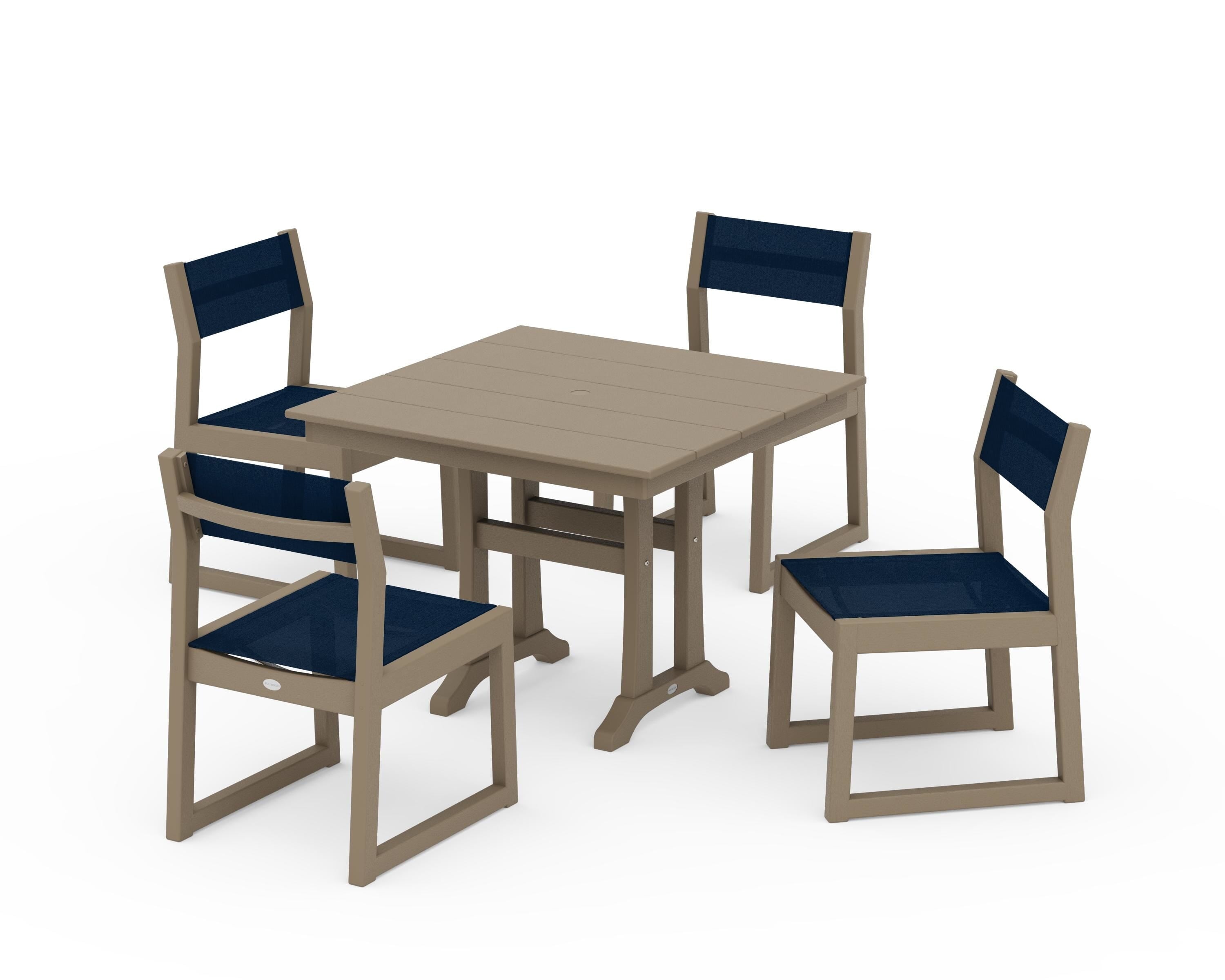 POLYWOOD EDGE Sling 5-Piece Farmhouse Trestle Side Chair Dining Set in Vintage Sahara / Navy Blue Sling