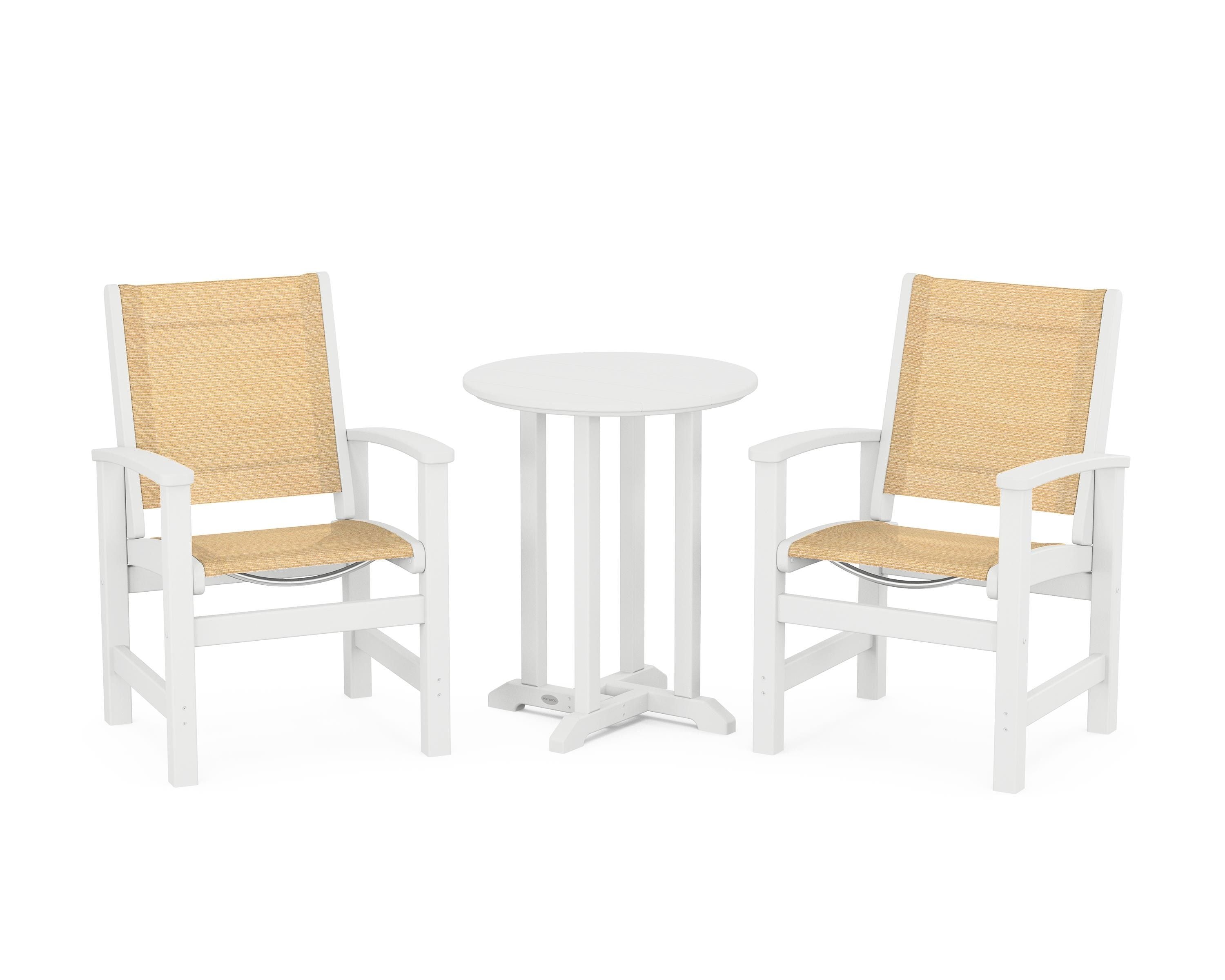POLYWOOD Coastal 3-Piece Round Bistro Dining Set in White / Dupioni Apricot Sling