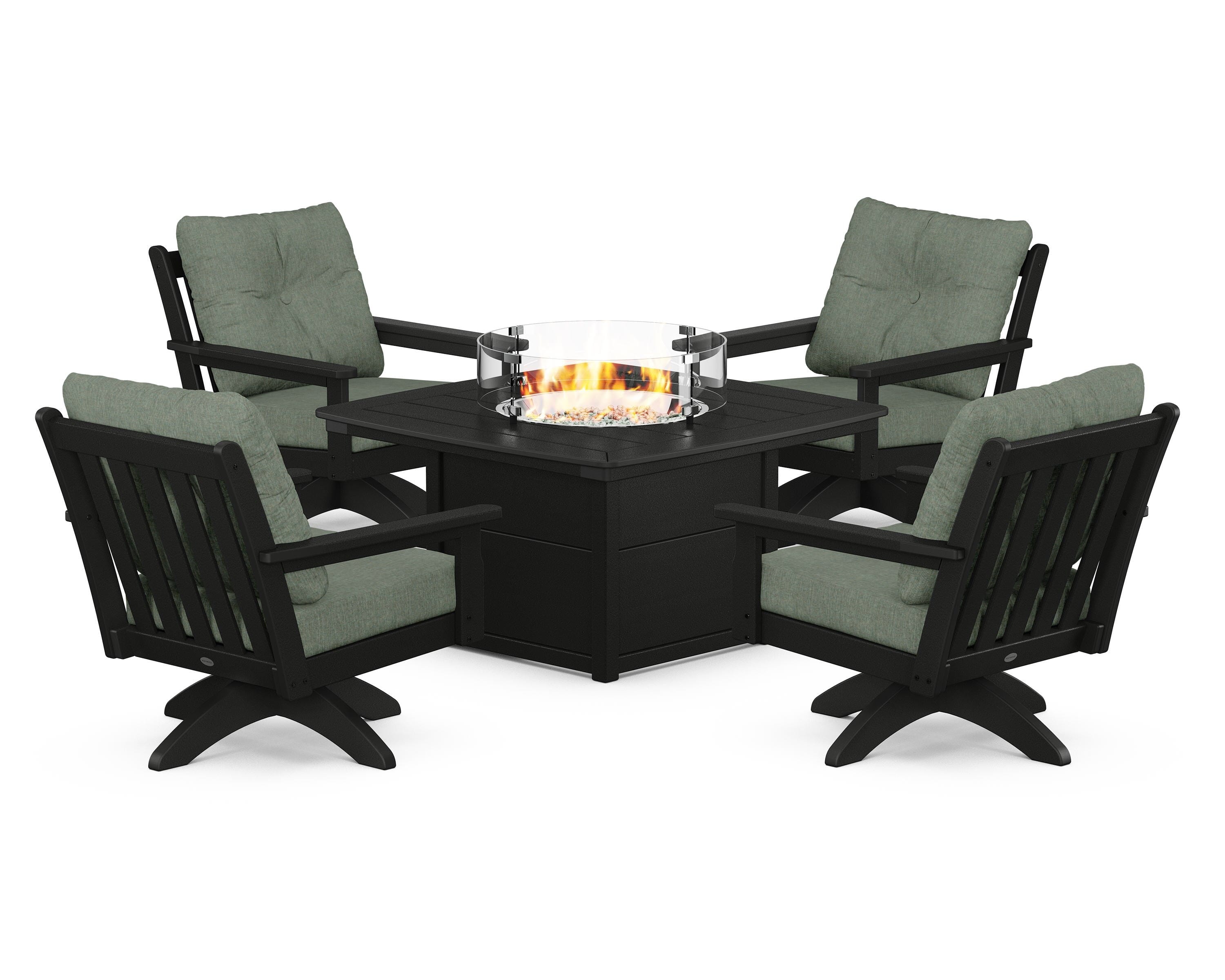 POLYWOOD Vineyard 5-Piece Deep Seating Swivel Conversation Set with Fire Pit Table in Black / Cast Sage