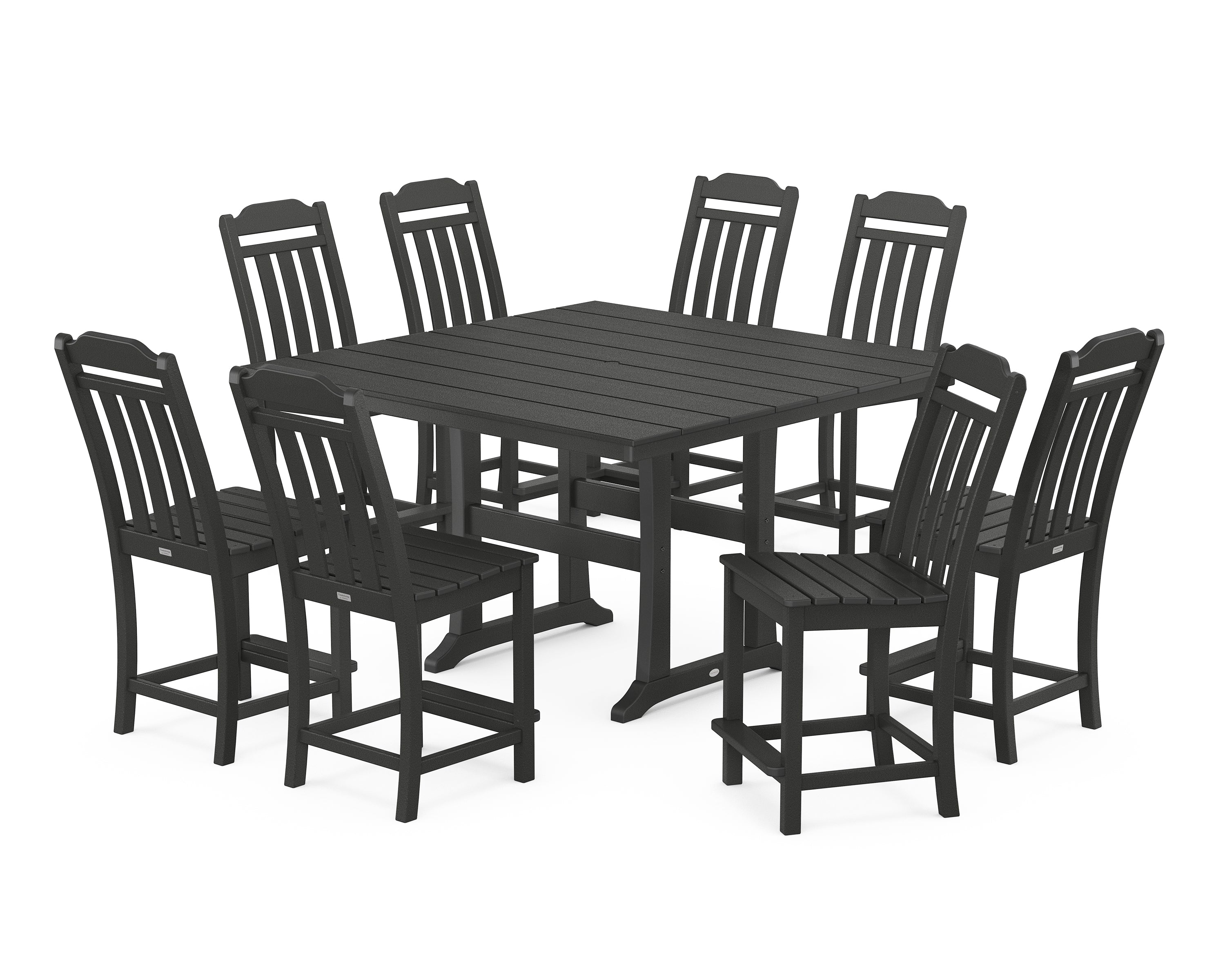 POLYWOOD Country Living 9-Piece Square Farmhouse Side Chair Counter Set with Trestle Legs in Black