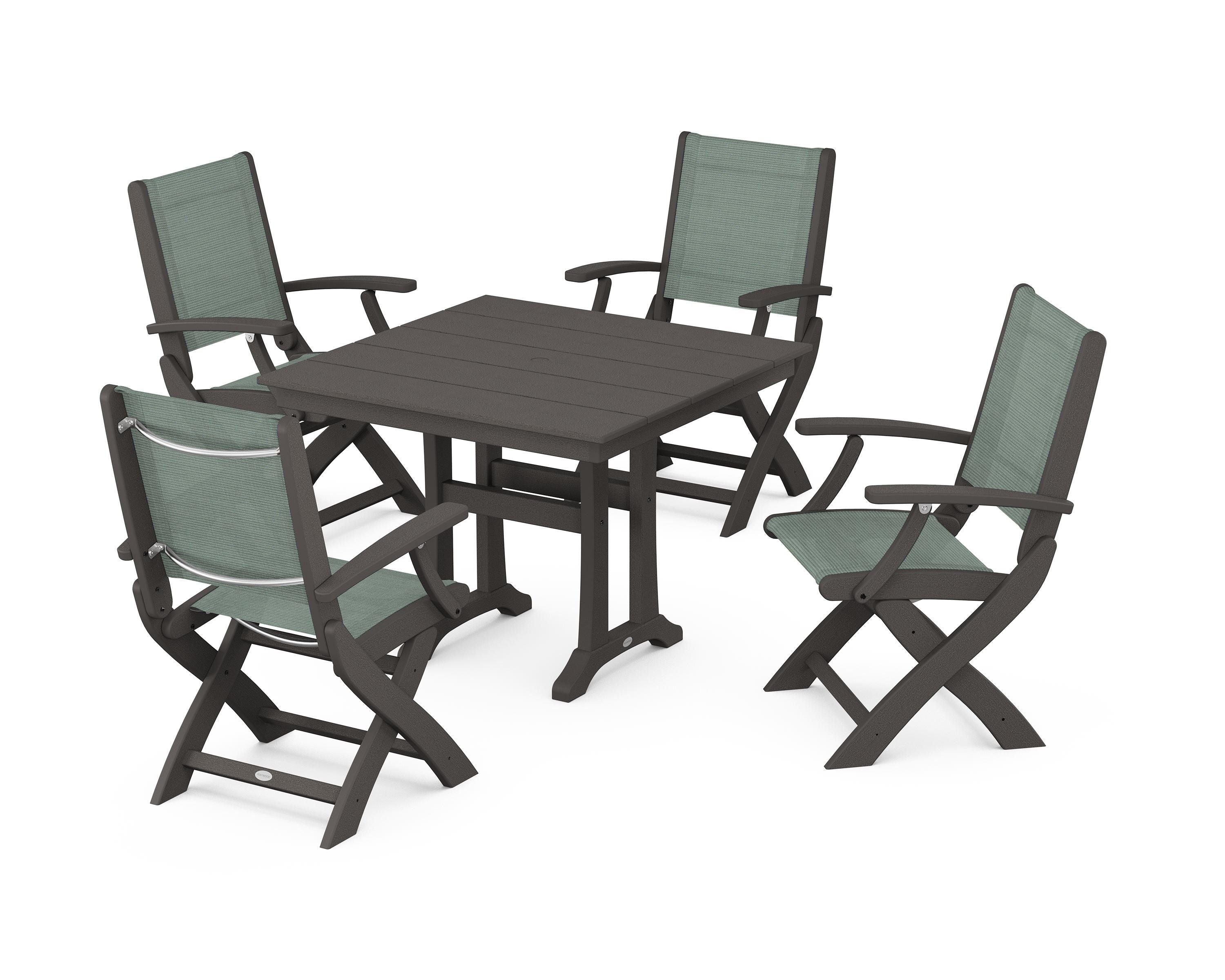 POLYWOOD Coastal Folding Chair 5-Piece Farmhouse Dining Set With Trestle Legs in Vintage Coffee / Dupioni Sea Mist Sling