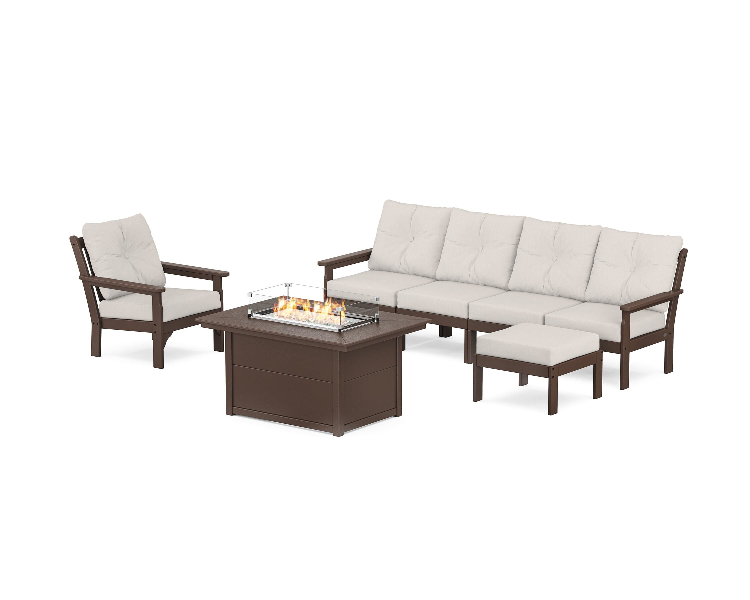 POLYWOOD Vineyard Sectional Lounge and Fire Pit Set in Mahogany / Cast Ash