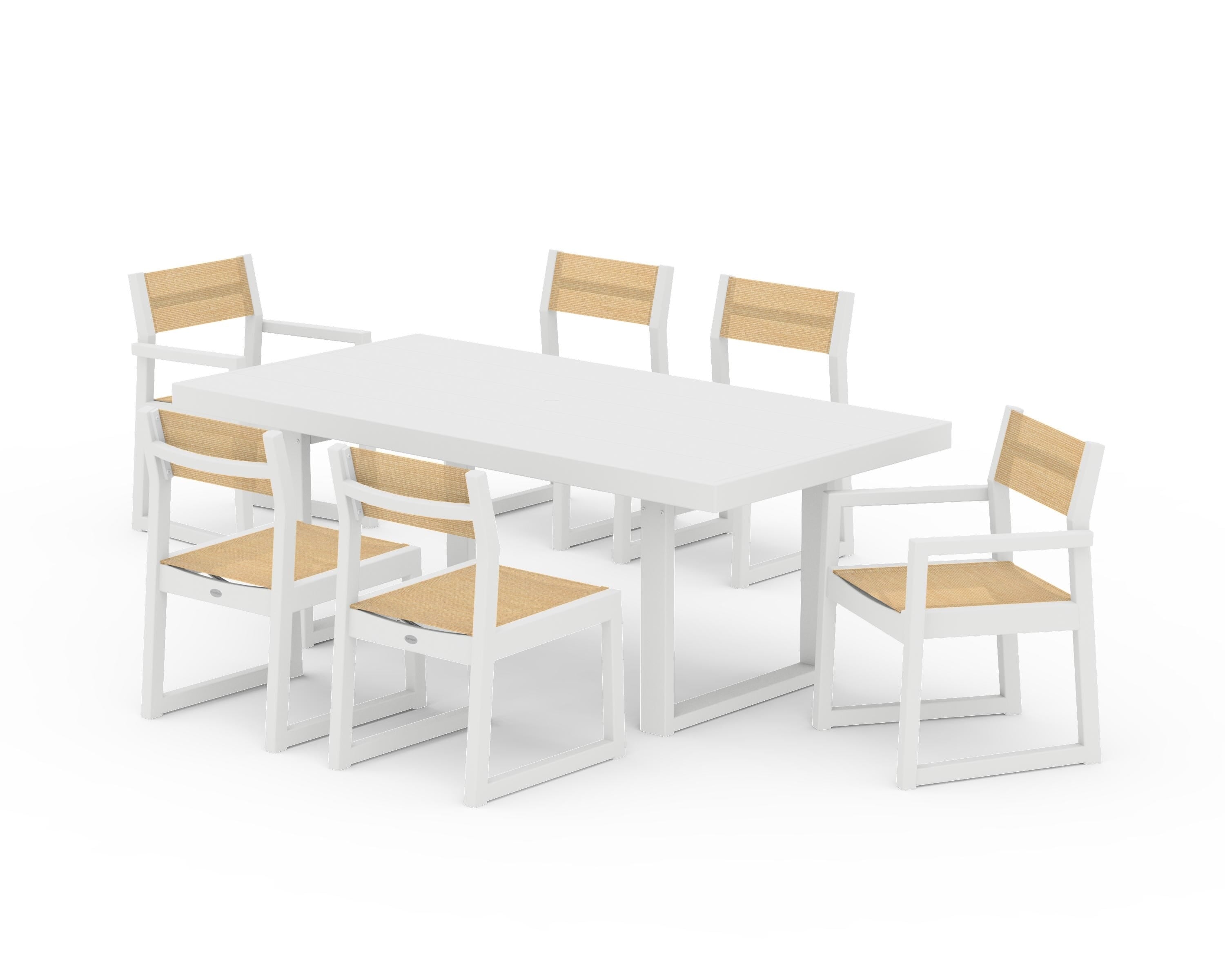 POLYWOOD EDGE Sling 7-Piece Dining Set in White / Dupioni Apricot Sling