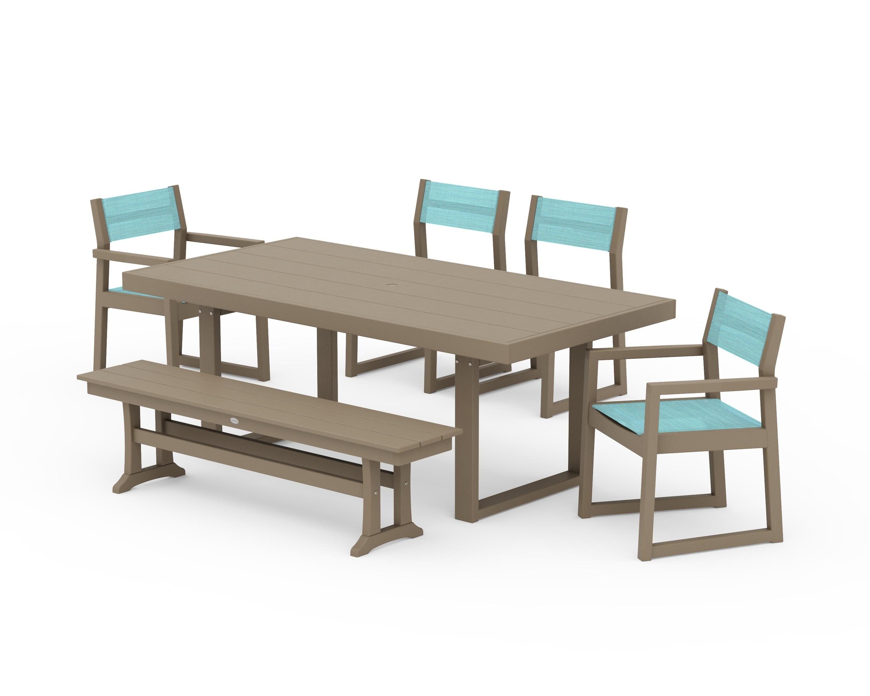 POLYWOOD EDGE Sling 6-Piece Dining Set with Bench in Vintage Sahara / Dupioni Aquamarine Sling