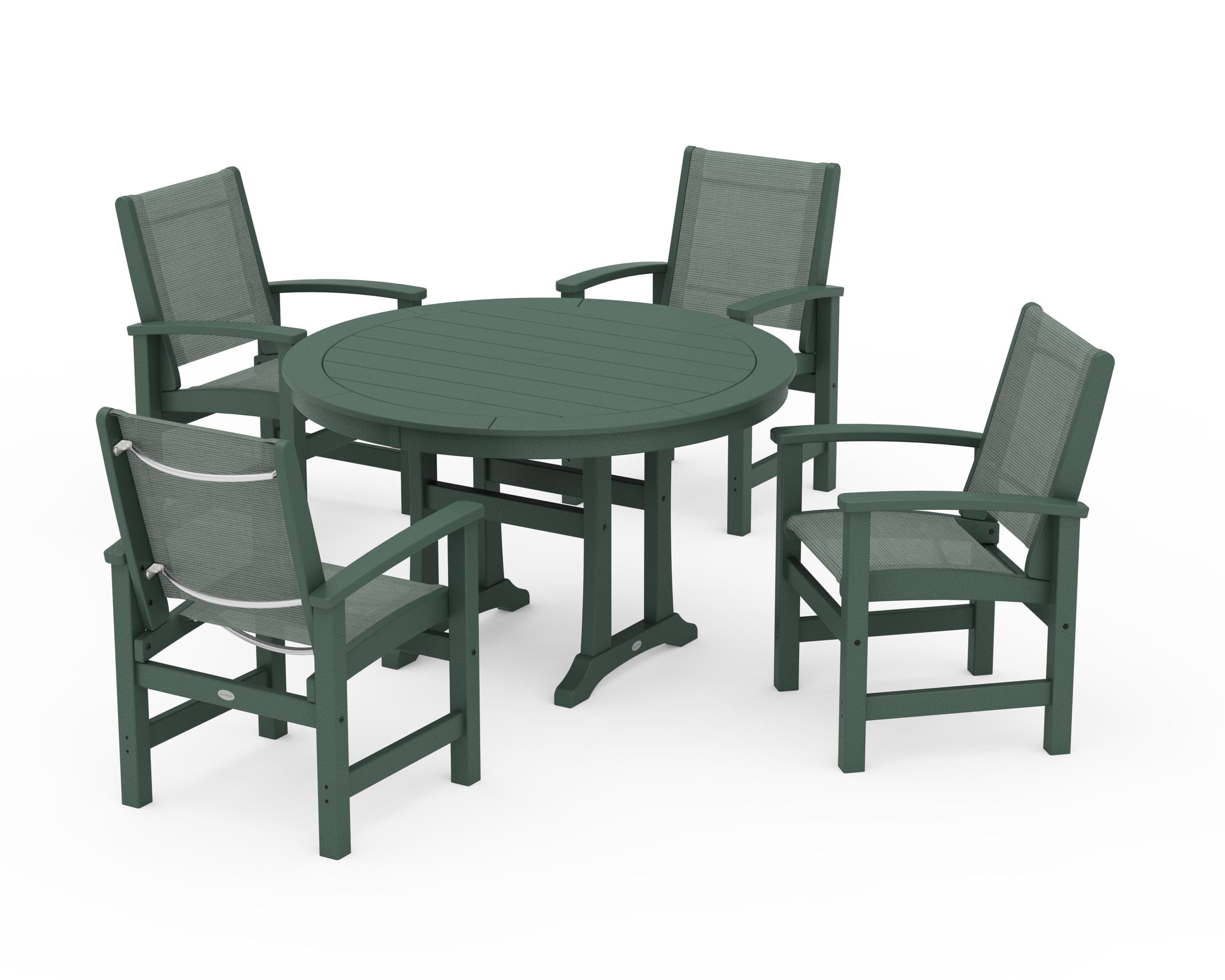 POLYWOOD Coastal 5-Piece Round Dining Set with Trestle Legs in Green / Dupioni Sea Mist Sling