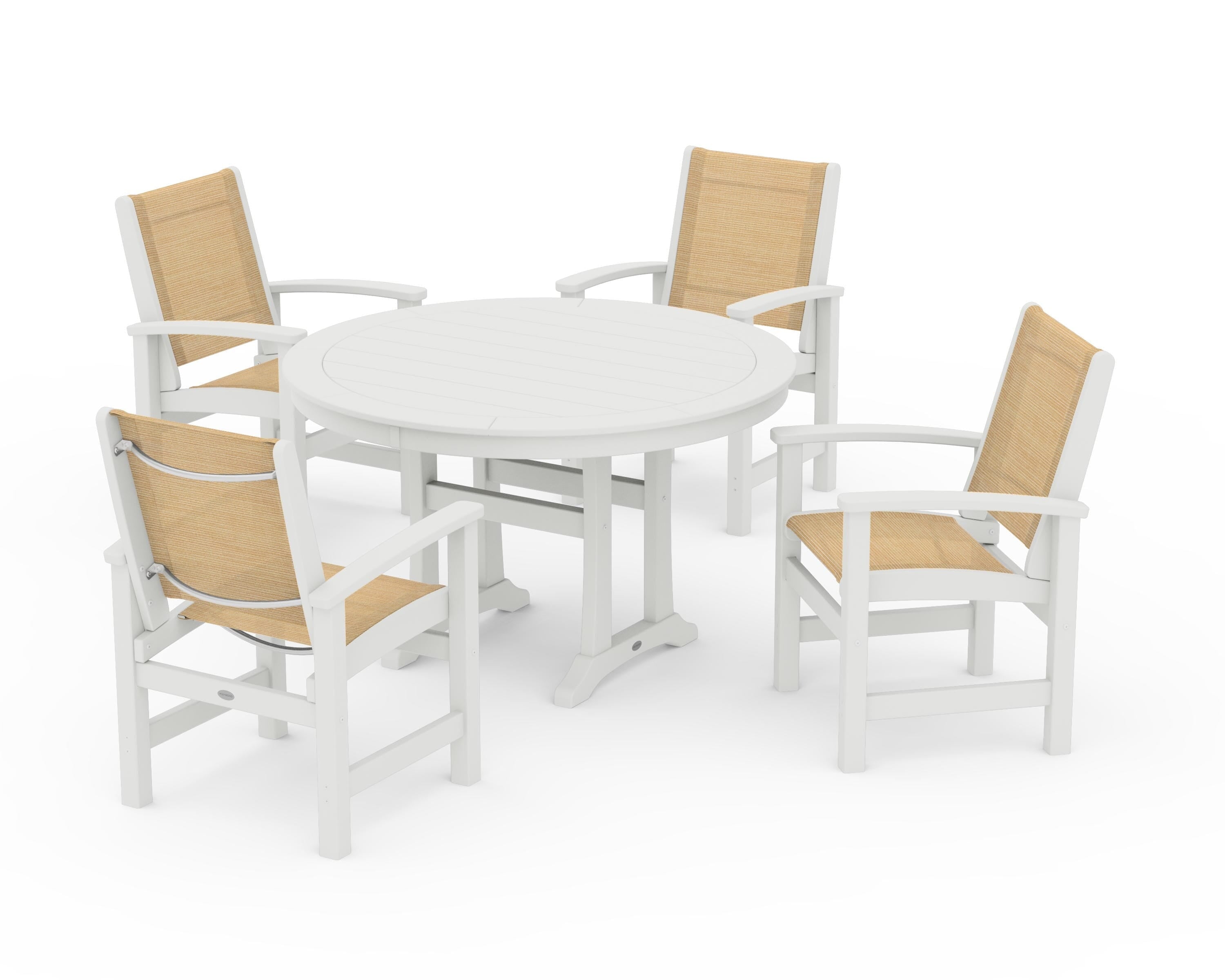 POLYWOOD Coastal 5-Piece Round Dining Set with Trestle Legs in Vintage White / Dupioni Apricot Sling