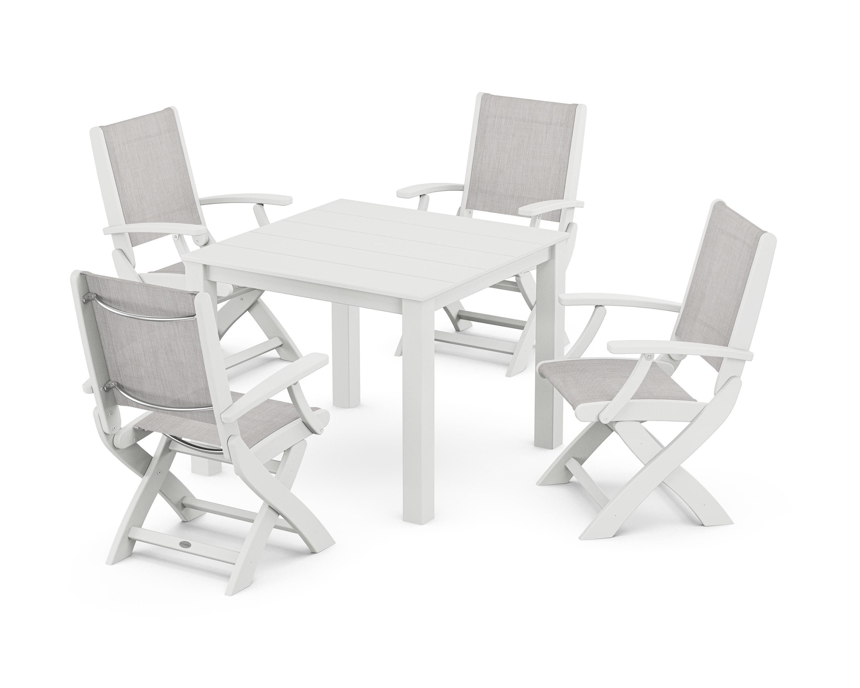 POLYWOOD Coastal Folding Chair 5-Piece Parsons Dining Set in White / Parchment Sling