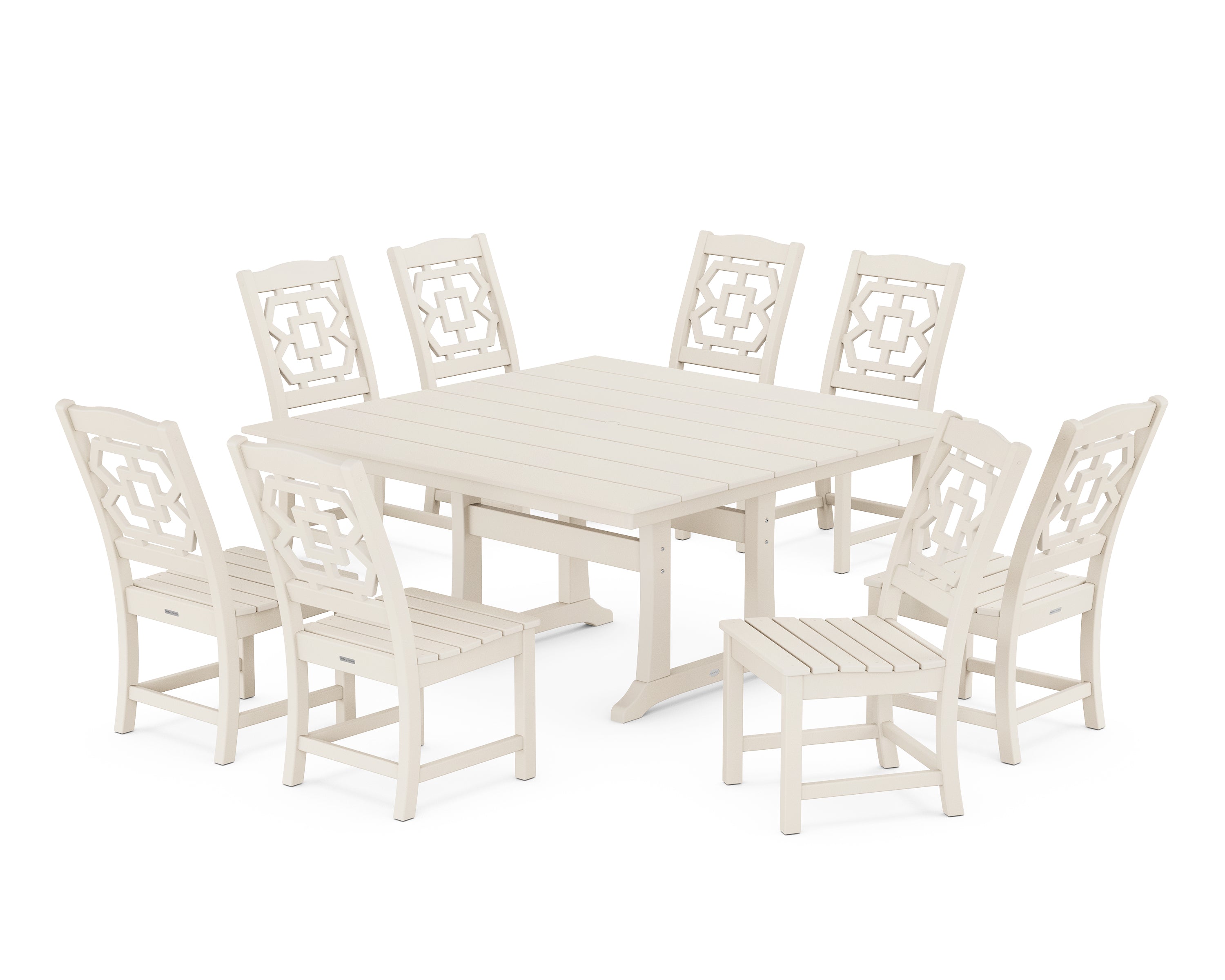 Martha Stewart by POLYWOOD® Chinoiserie 9-Piece Square Farmhouse Side Chair Dining Set with Trestle Legs in Sand