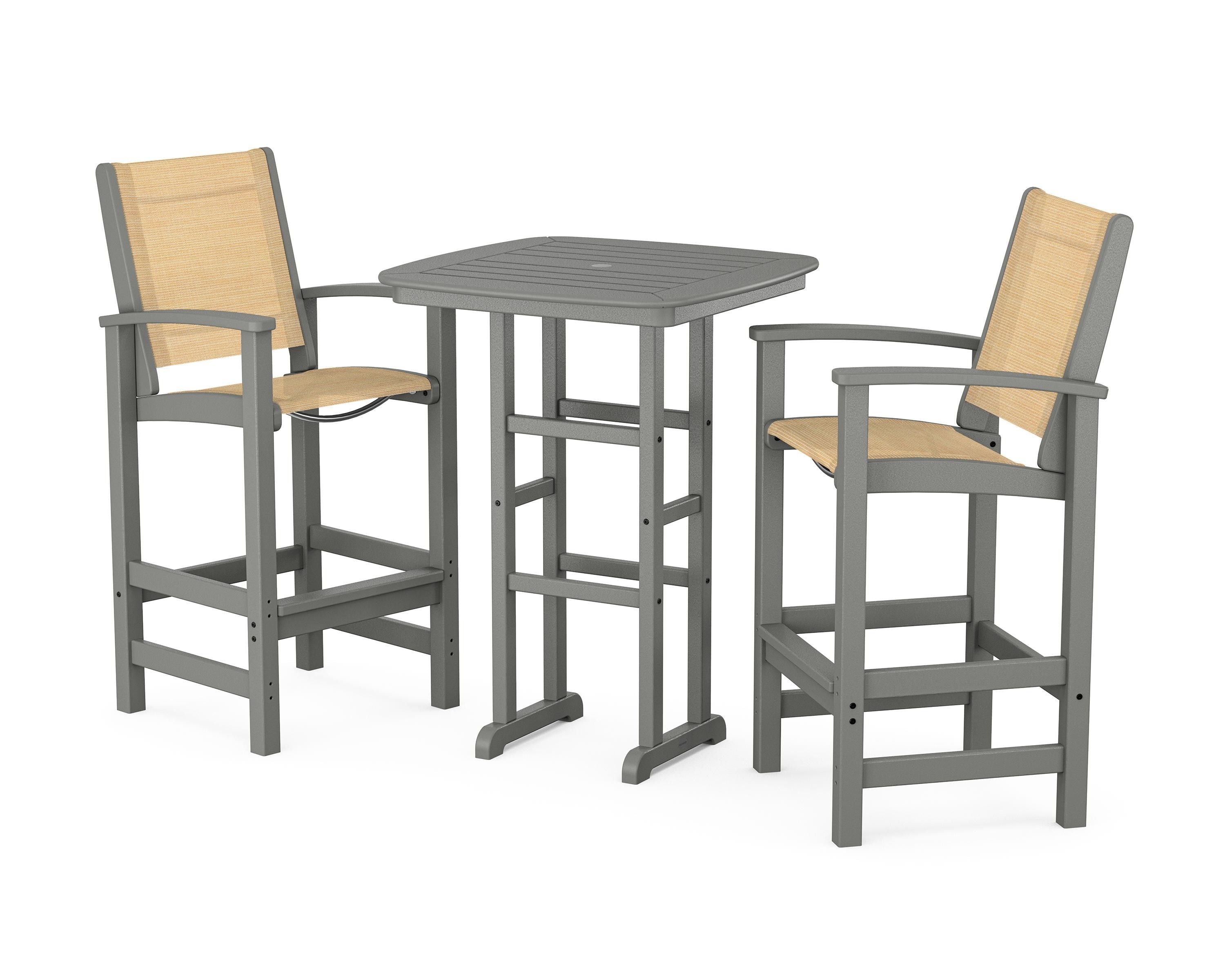 POLYWOOD Coastal 3-Piece Bar Set in Slate Grey / Dupioni Apricot Sling