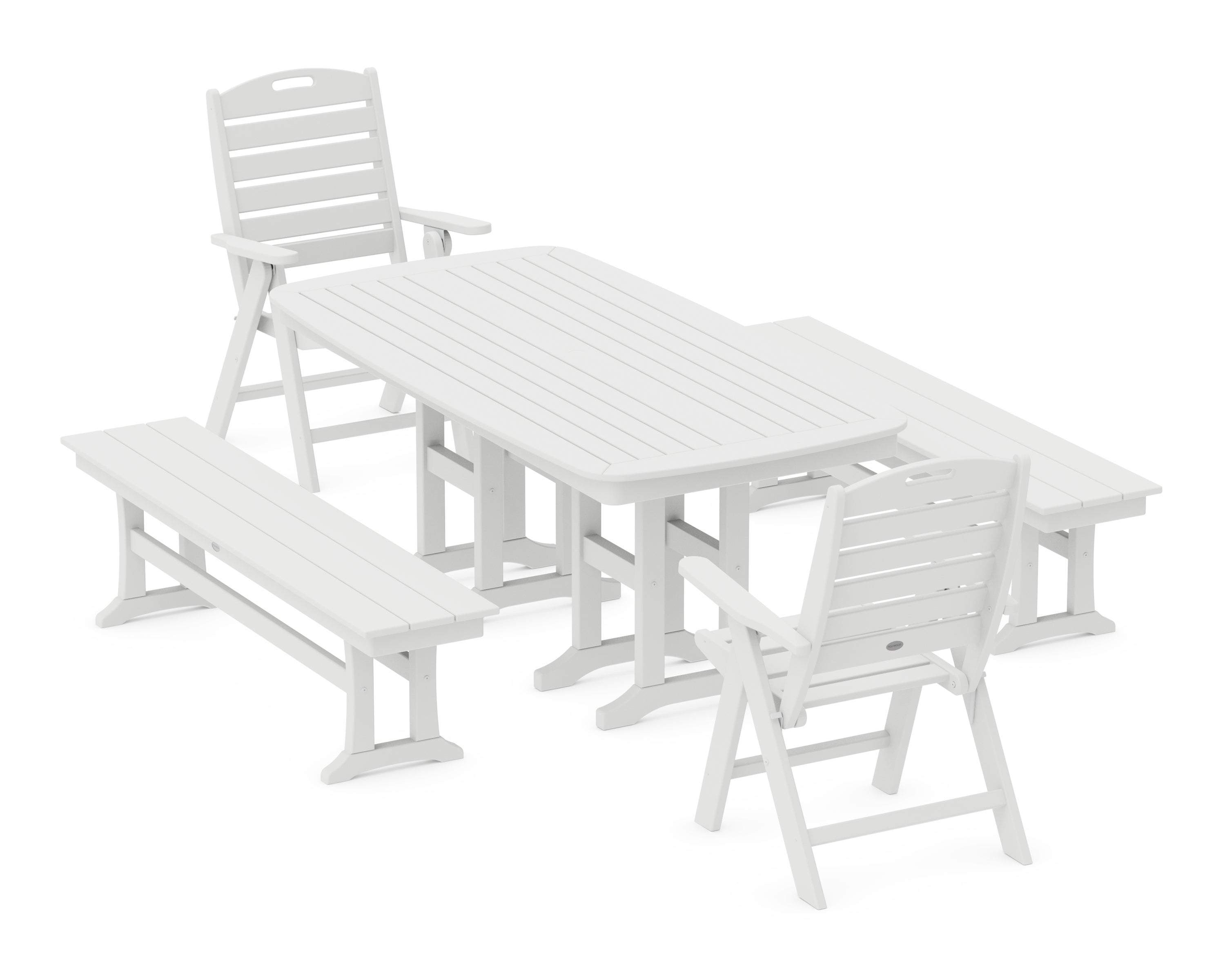 POLYWOOD Nautical Highback 5-Piece Dining Set with Benches in White
