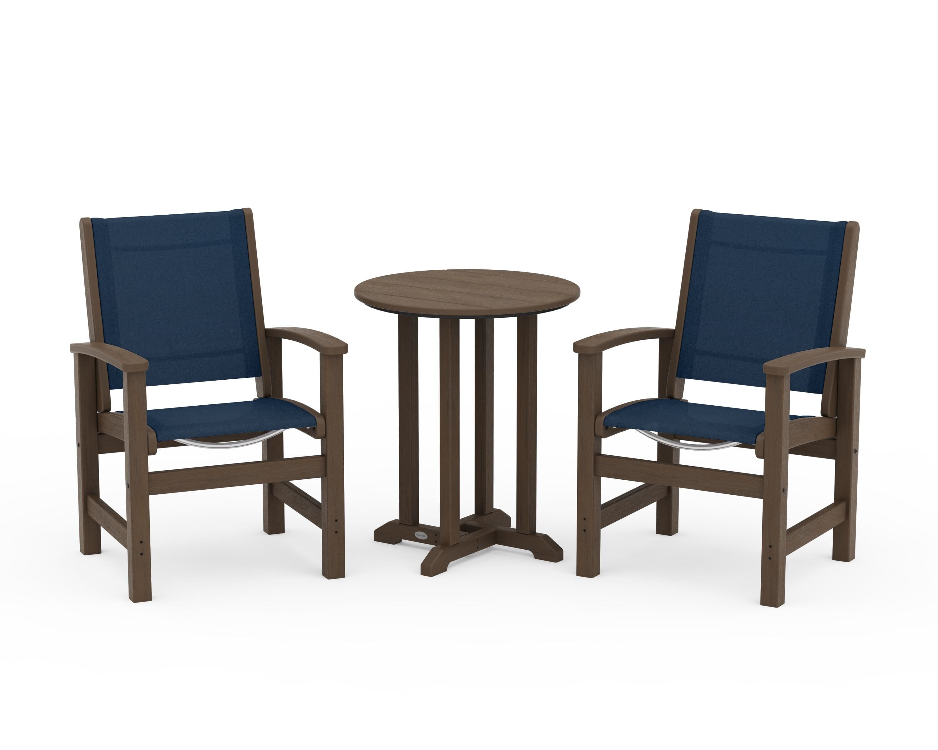 POLYWOOD Coastal 3-Piece Round Bistro Dining Set in Kona / Navy Blue Sling