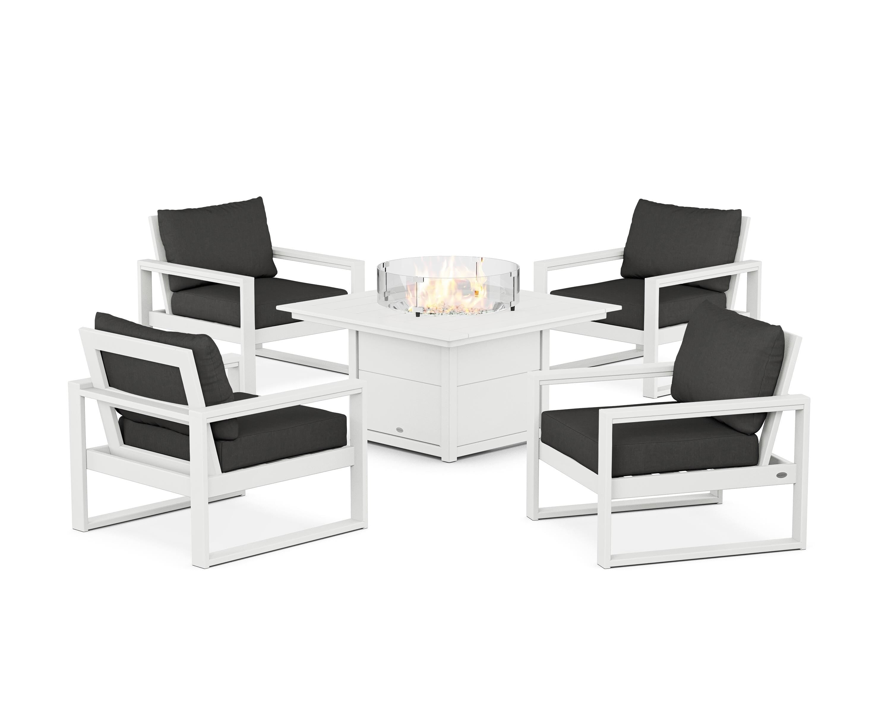 POLYWOOD EDGE Sectional 5-Piece Deep Seating Set with Fire Pit Table in White / Spectrum Carbon