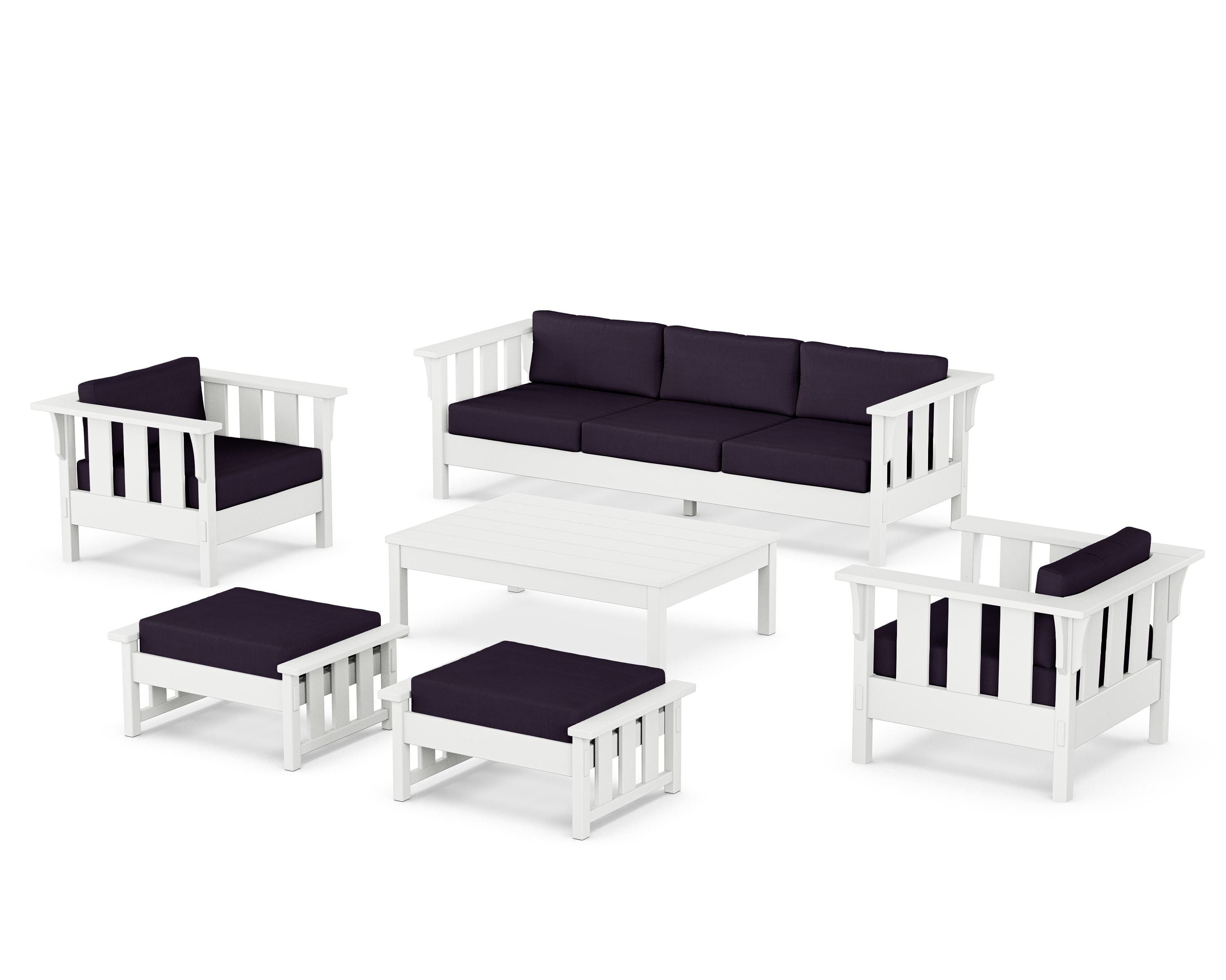 Martha Stewart by POLYWOOD Acadia 6-Piece Lounge Sofa Set in White / Navy Linen