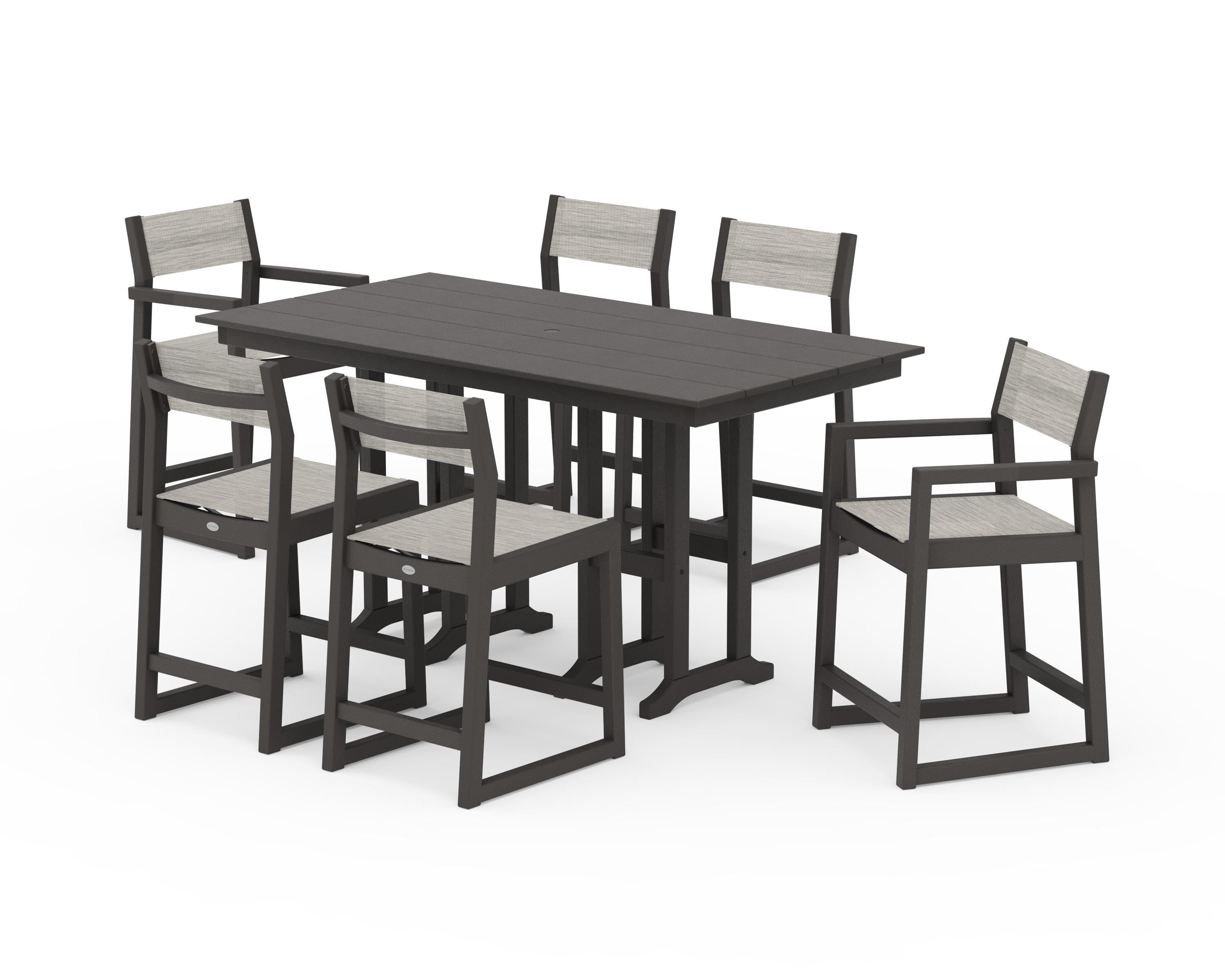 POLYWOOD EDGE Sling 7-Piece Farmhouse Counter Set with Trestle Legs in Vintage Coffee / Birch Sling