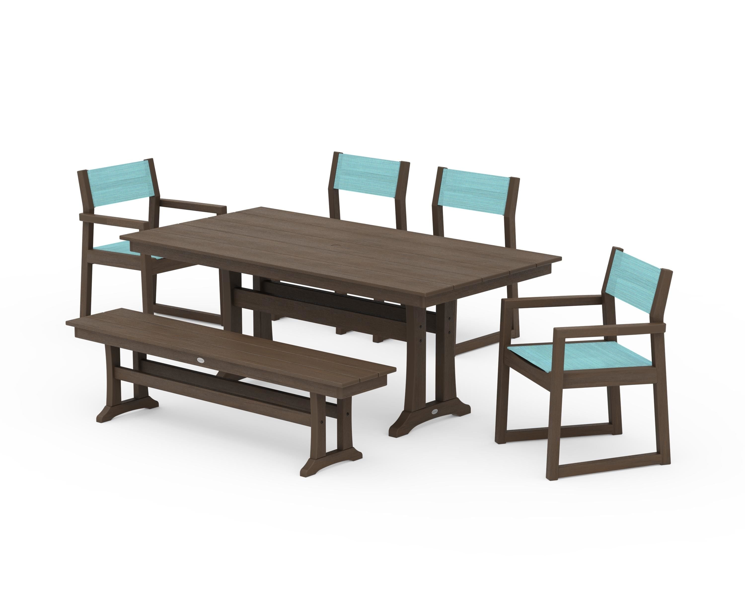 POLYWOOD EDGE Sling 6-Piece Farmhouse Dining Set With Trestle Legs in Kona / Dupioni Aquamarine Sling