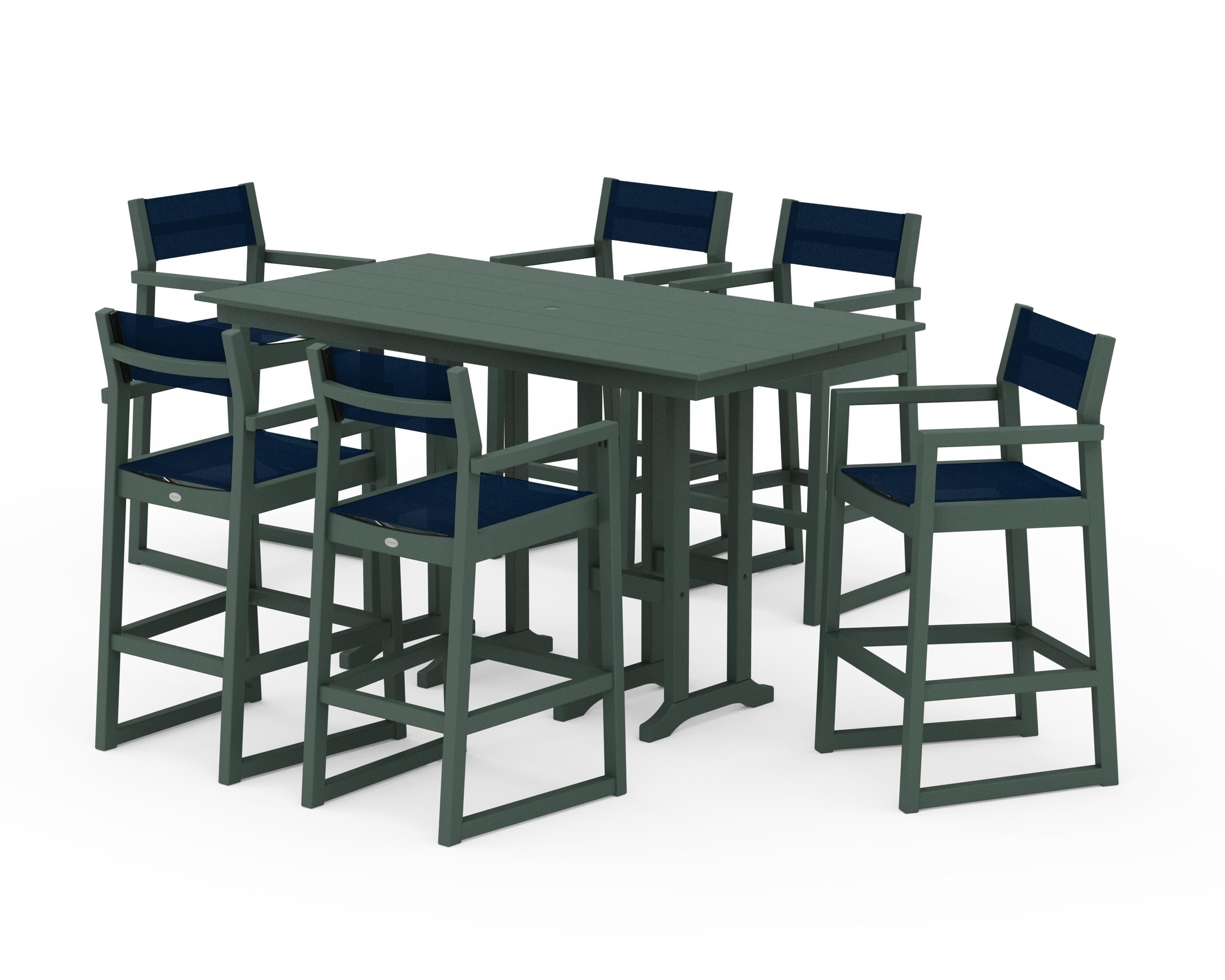 POLYWOOD EDGE Sling Arm Chair 7-Piece Farmhouse Bar Set in Green / Navy Blue Sling