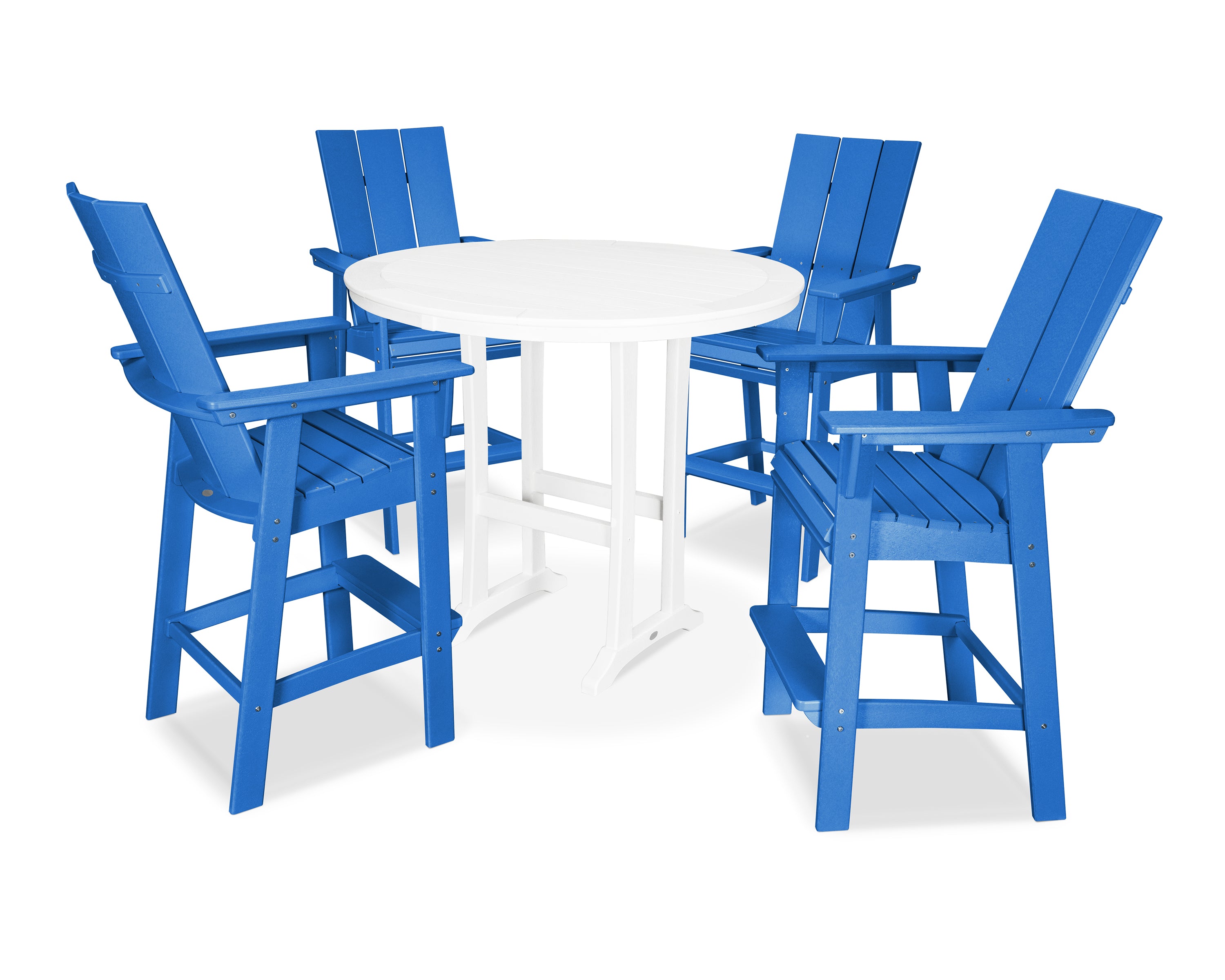 POLYWOOD® Modern Curveback Adirondack 5-Piece Nautical Trestle Bar Set in Pacific Blue / White