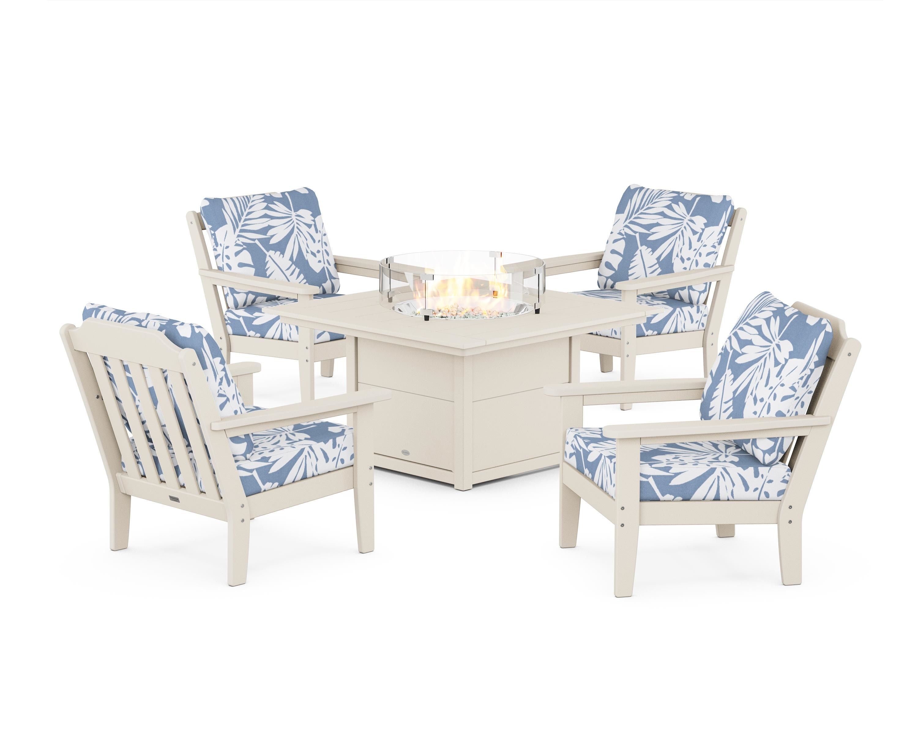 Country Living Cottage 5-Piece Deep Seating Set with Fire Pit Table in Sand / Leaf Sky Blue