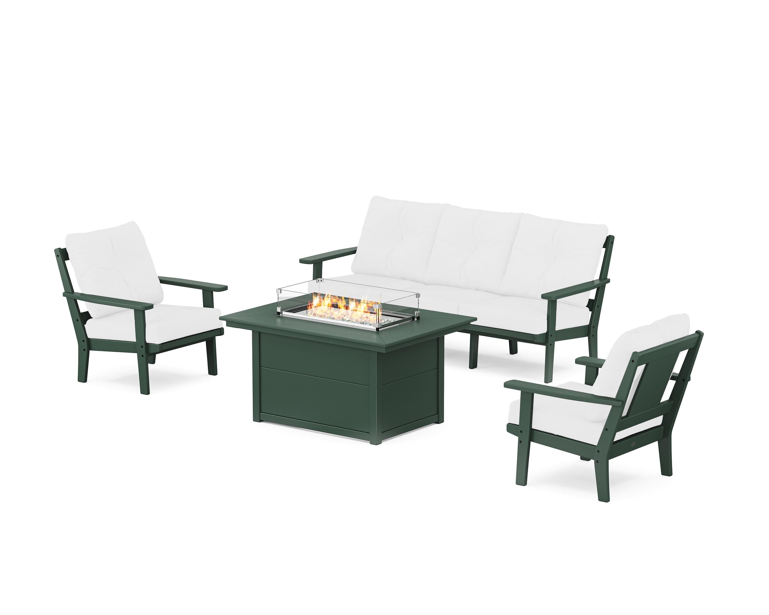 POLYWOOD Prairie Deep Seating Fire Pit Table Set in Green / Natural